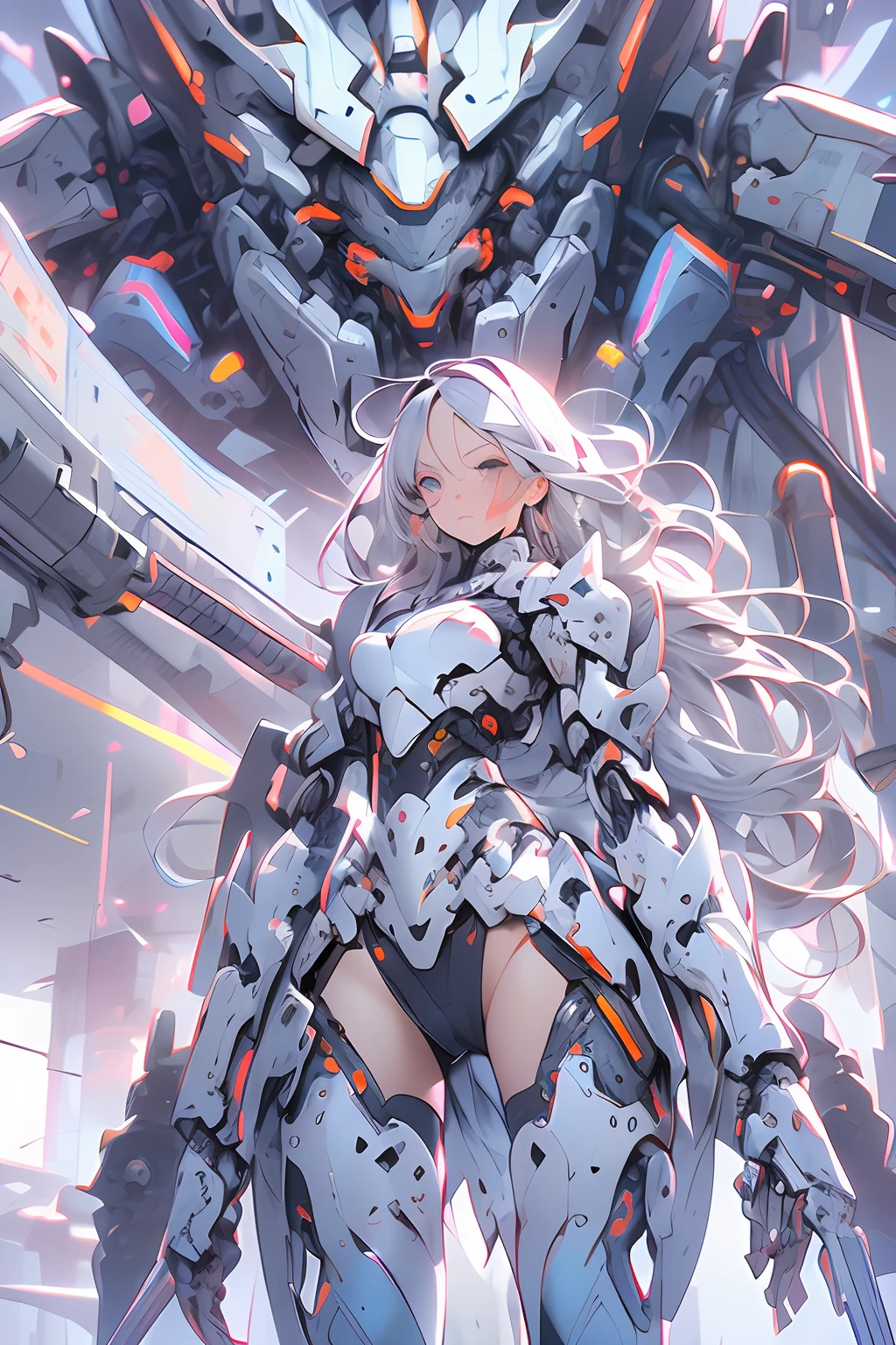 (masterpiece), (best quality), 1girl, beautiful girl, female warrior, battle field, white armor, exoskeleton, mecha, mechanical armor, blue eyes, cinematic light, simple background