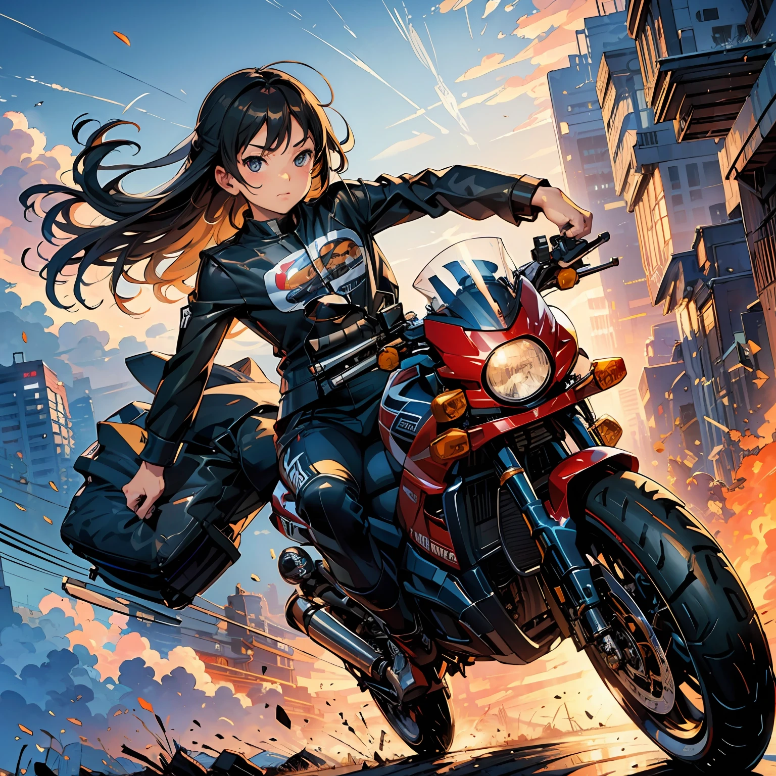 (Masterpiece, Best quality:1.2),80shair。，Oil brush strokes， (the motorcycle, Radial tires, wheelie:1.4), Girl riding super cool bike, (From below:1.4),
Utinocco, (Baby face:1.0), Flat chest, double tails, &lt;the lora:Utinocco 0402-000006:0.8:Char&gt;, (Smug:1.1),