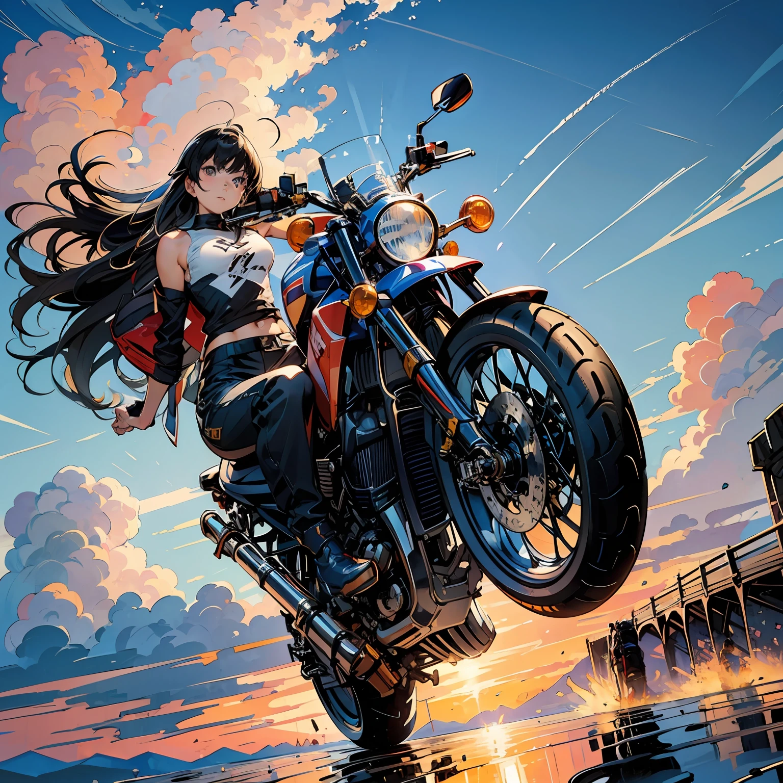 (Masterpiece, Best quality:1.2),80shair。，Oil brush strokes， (the motorcycle, Radial tires, wheelie:1.4), Girl riding super cool bike, (From below:1.4),
Utinocco, (Baby face:1.0), Flat chest, double tails, &lt;the lora:Utinocco 0402-000006:0.8:Char&gt;, (Smug:1.1),