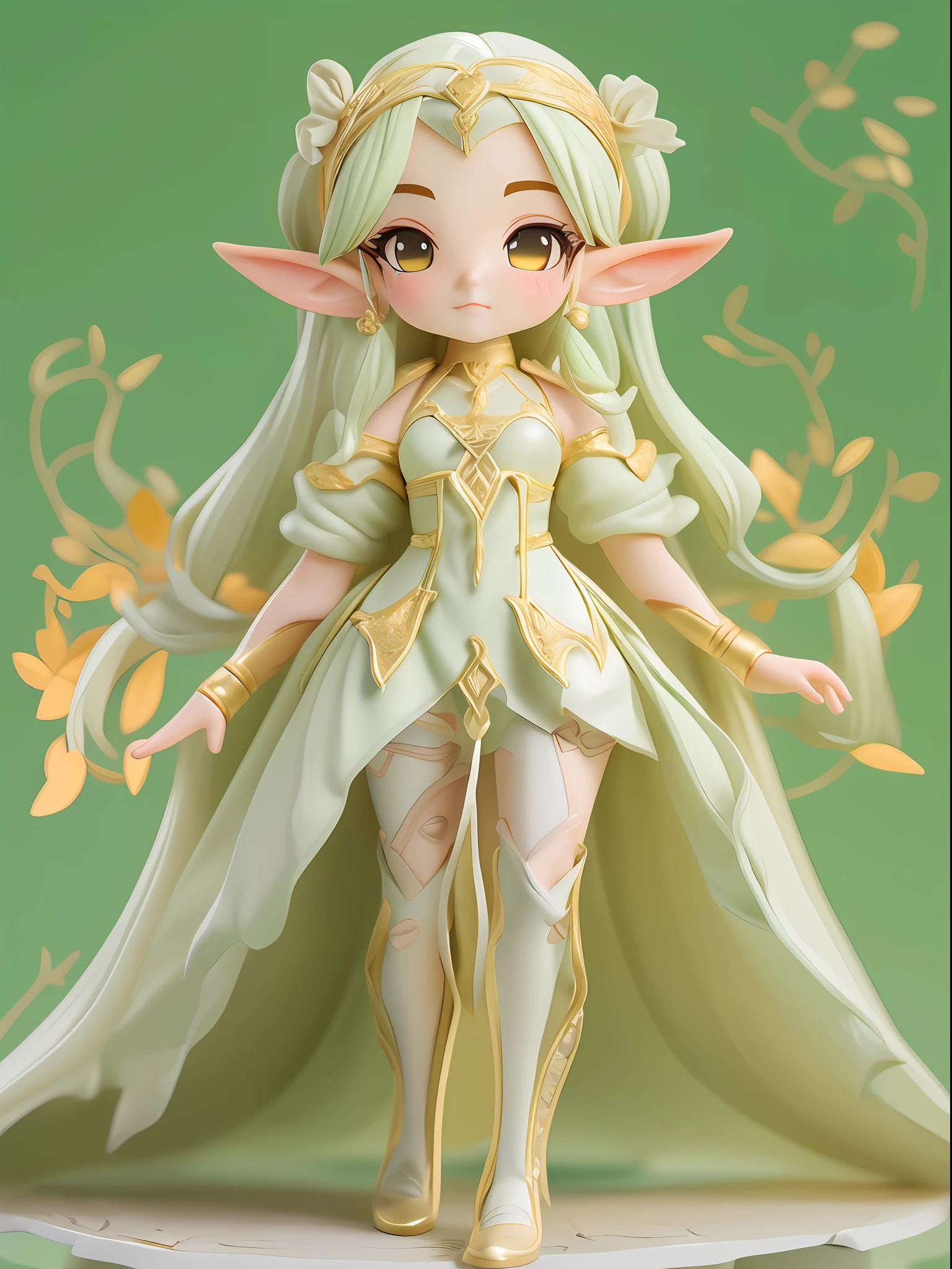 (1 blind box cartoon female elf:1.2，European and American cartoon Q version), 1 Gorgeous female elves，soloist，Cute full body portrait，Full body standing painting，cartoon character，blond hairbl，double-ponytail，Golden wings，Light yellow white petal dress，Elf Princess，medieval times，3Drenderingof，cinmatic lighting，Ray traching