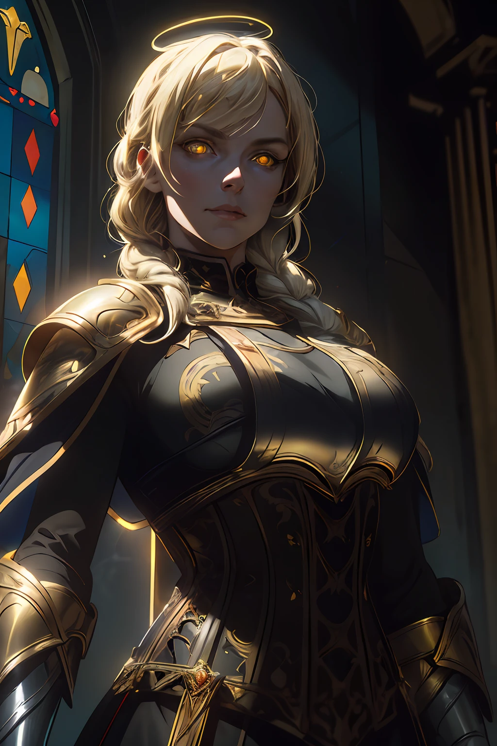 upper body of paladin lady in ornate golden armor, black collar, pauldrons, breastplate, corset, glowing halo, single braid, blonde, yellow glowing eyes, bright pupils, eye focus, red cape, temple indoors, stained glass windows, night, moonlight, particles, light beam, chromatic aberration