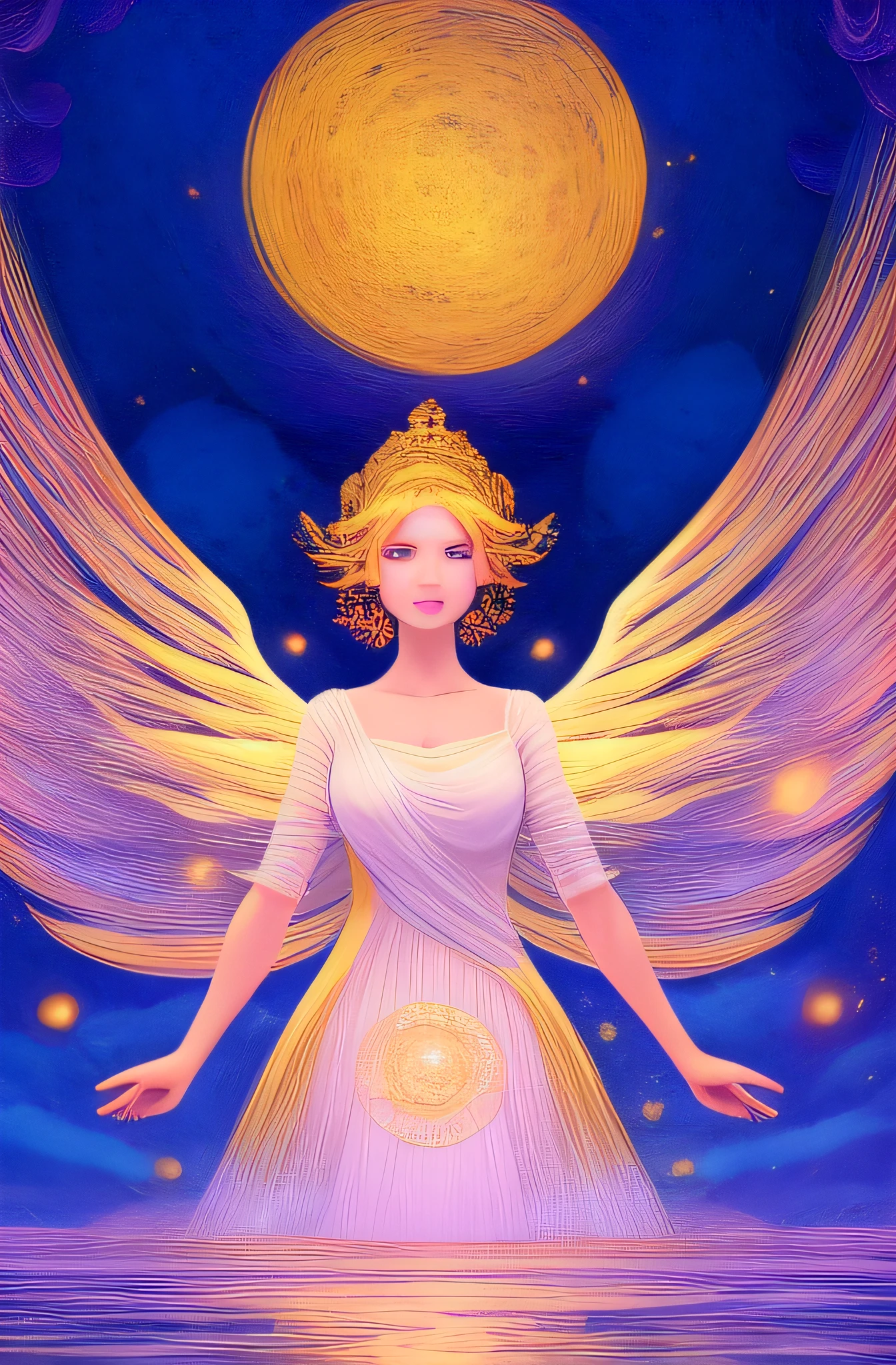 (Ethereal)+, (Graceful)+, (Divine)+, (Radiant)+, A celestial body,Dressed in flowing white robes and glittering wings, A calm expression on her face, A golden halo glows above her head, Surrounded by a soft glow, Delicate facial features and gentle demeanor, Convey a sense of peace and purity, Inspire awe and wonder by those who see her presence ,coils, illustration, Dream