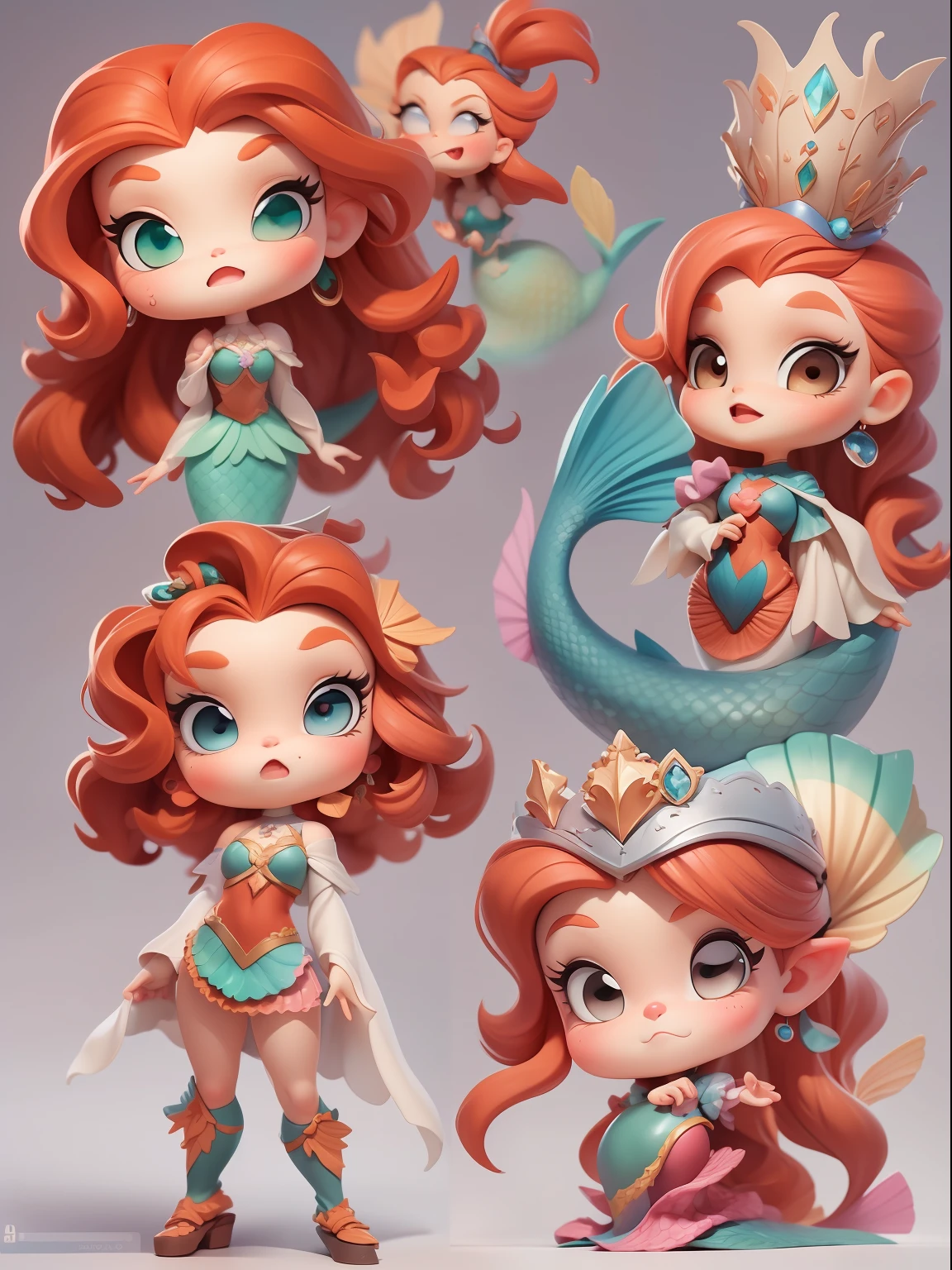 (1 Blind box cartoon girl:1.2,European and American cartoon Q version), 1 Gorgeous mermaid princess,soloist,Cute full body portrait,Full body standing painting,cartoon character,Red long-haired,mermaids,Fishtail,Scaly dress,Mermaid princess,medieval times,3Drenderingof,cinmatic lighting,Ray traching