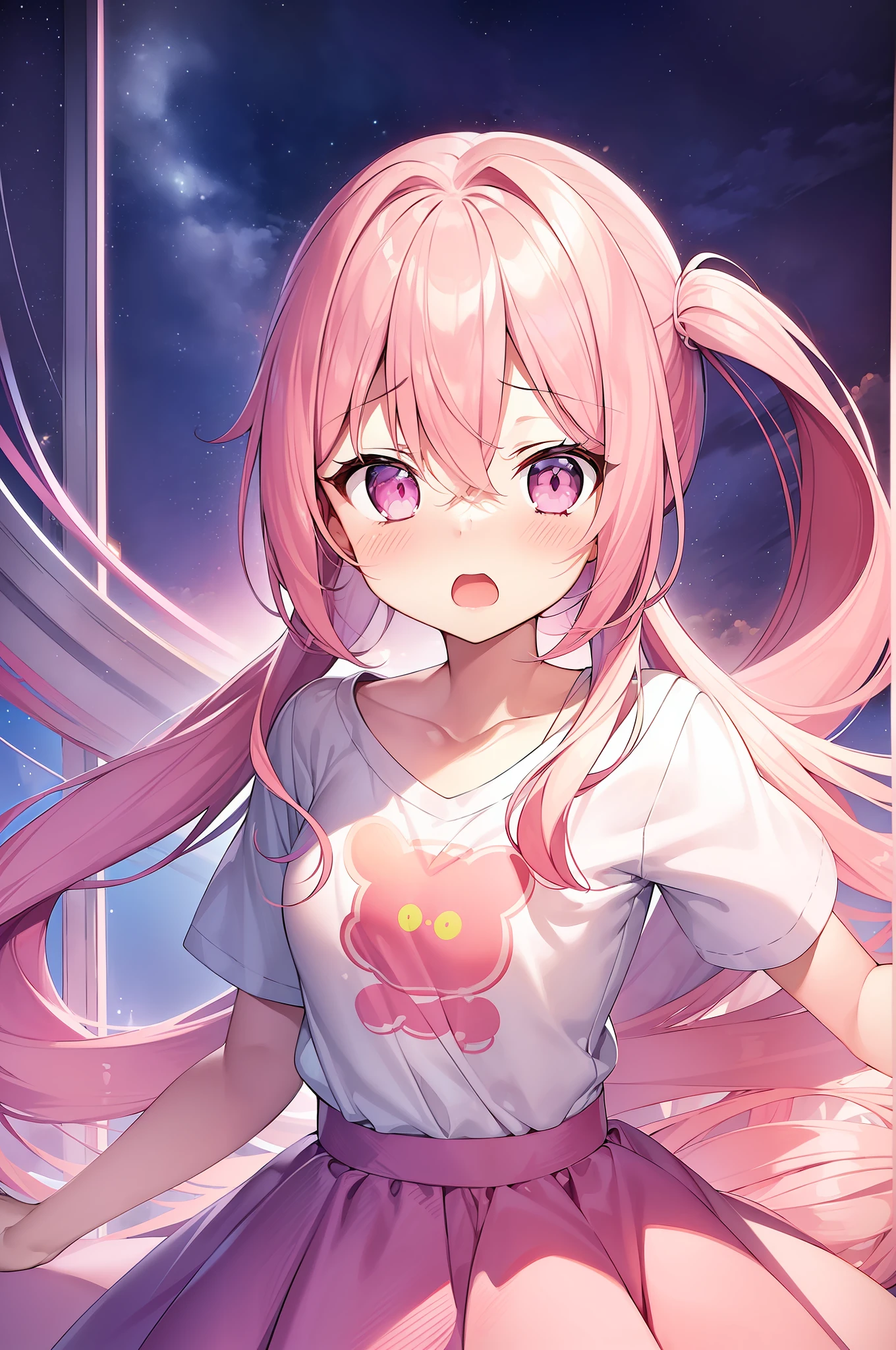 1girl. pink hair.long hair.twintails.{loli}.short stature.small breast.white t-shirts.skirt. (((masterpiece))).(((best quality))).)((ultra-detailed))).(((illustration))).(((night view))).((blush)).((Opening Mouth)).((Open your eyes)).((Surprised face)).