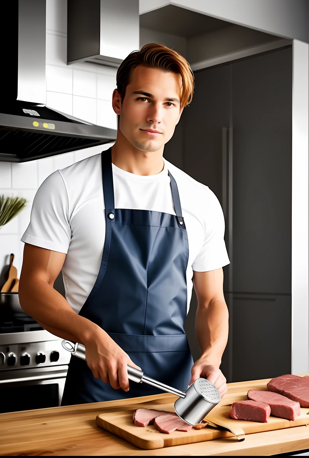 There was a man in the kitchen preparing a meat meal, wearing apron, aprons, Leather apron, Clear detail, Perfect detail, crisp smooth clean lines, subtle detailing, Domestic, starbucks aprons and visors, White apron, swedish, precision, Inspiration, crisp and sharp, slick design, Cook, white waist apron and undershirt, SleekDesign, close angle