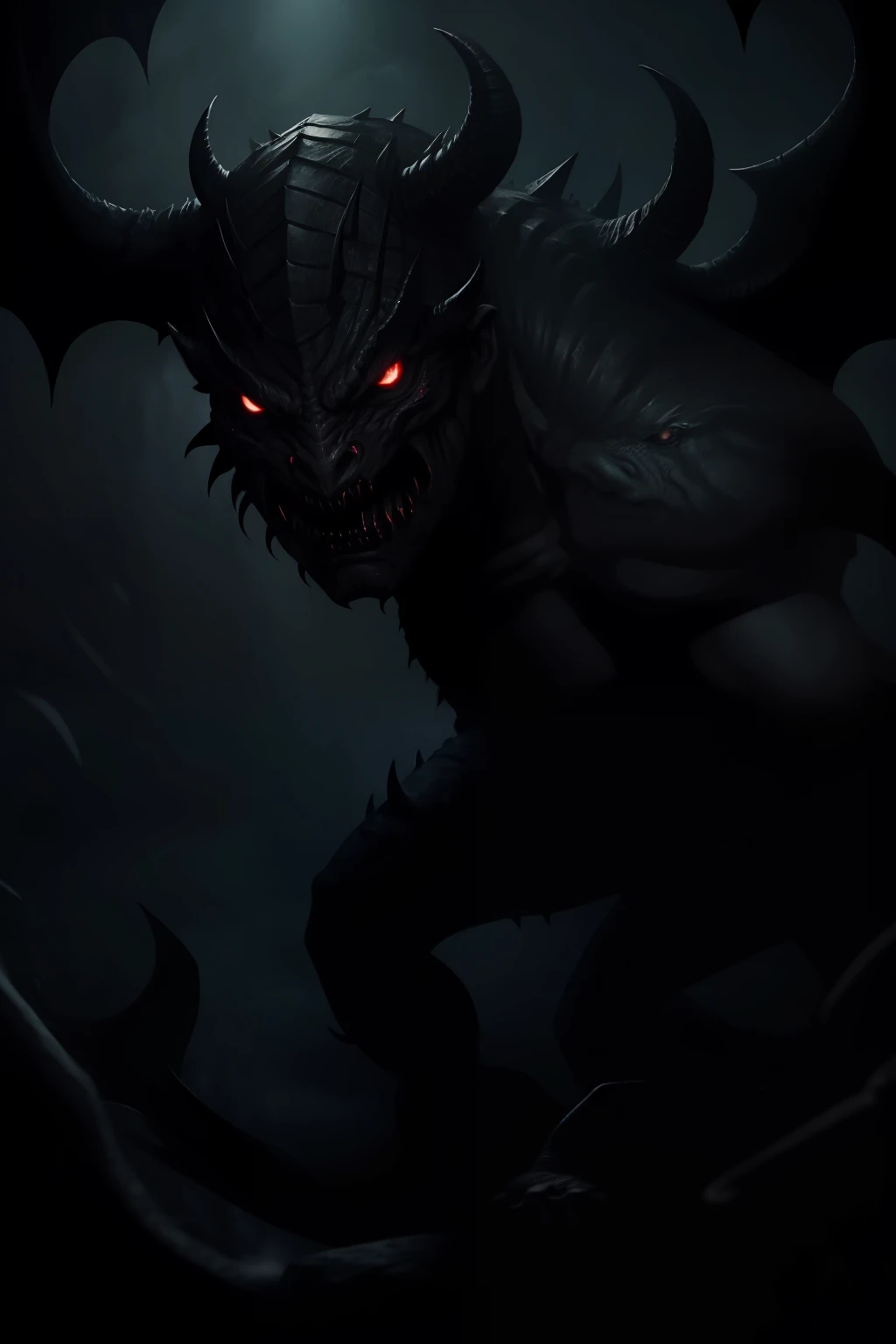 (Black scaled demon monster:1.2),dark vibe atmosphere,Horror environment,Morbid color,Dark lighting,Grand atmosphere,SENSE OF CINEMA,
