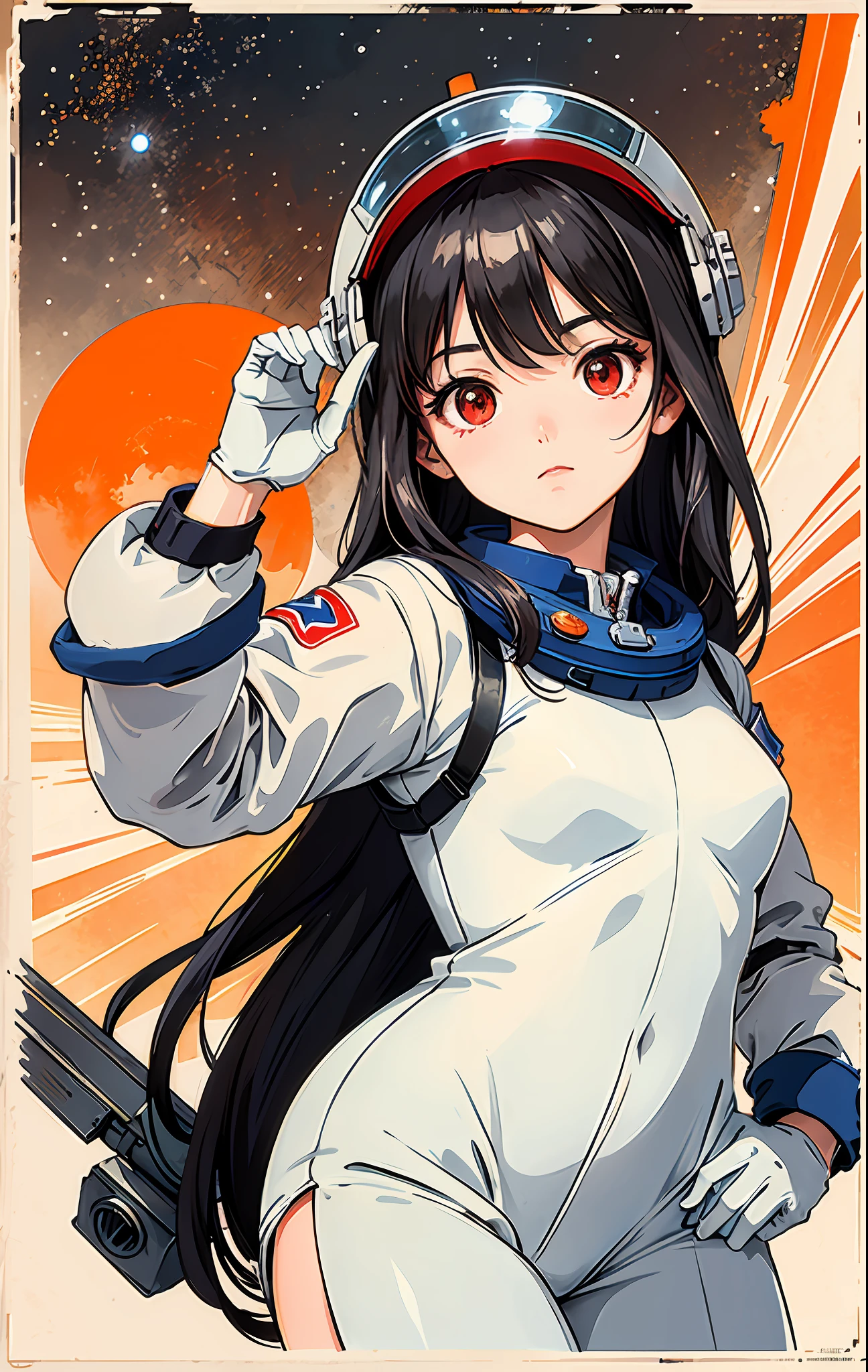 1girl, flat chested, cute, beautiful detailed eyes, shiny hair, visible through the hair, hair between the eyes, CCCPposter, sovietposter, red monochrome, Soviet poster, USSR, communism, black hair, red eyes, vampire ,girl,small breasts,spacesuit:Orange_clothing_body:jumpsuit ), white_gloves, white_space shoes, white_helmet, CCCP scarlet letters on the top of the helmet, weightlessness, Side light, reflection, the person in the spacesuit is at the bottom left of the picture, right hand outstretched, right hand Gently touch the Salyut space station), the space station in the upper right corner of the screen, the reflected light of the sun, silver metal, red flag, brilliance, Soviet style, diffuse reflection, metal texture, blue earth in the distance, mech style, star sea, high-profile, majestic