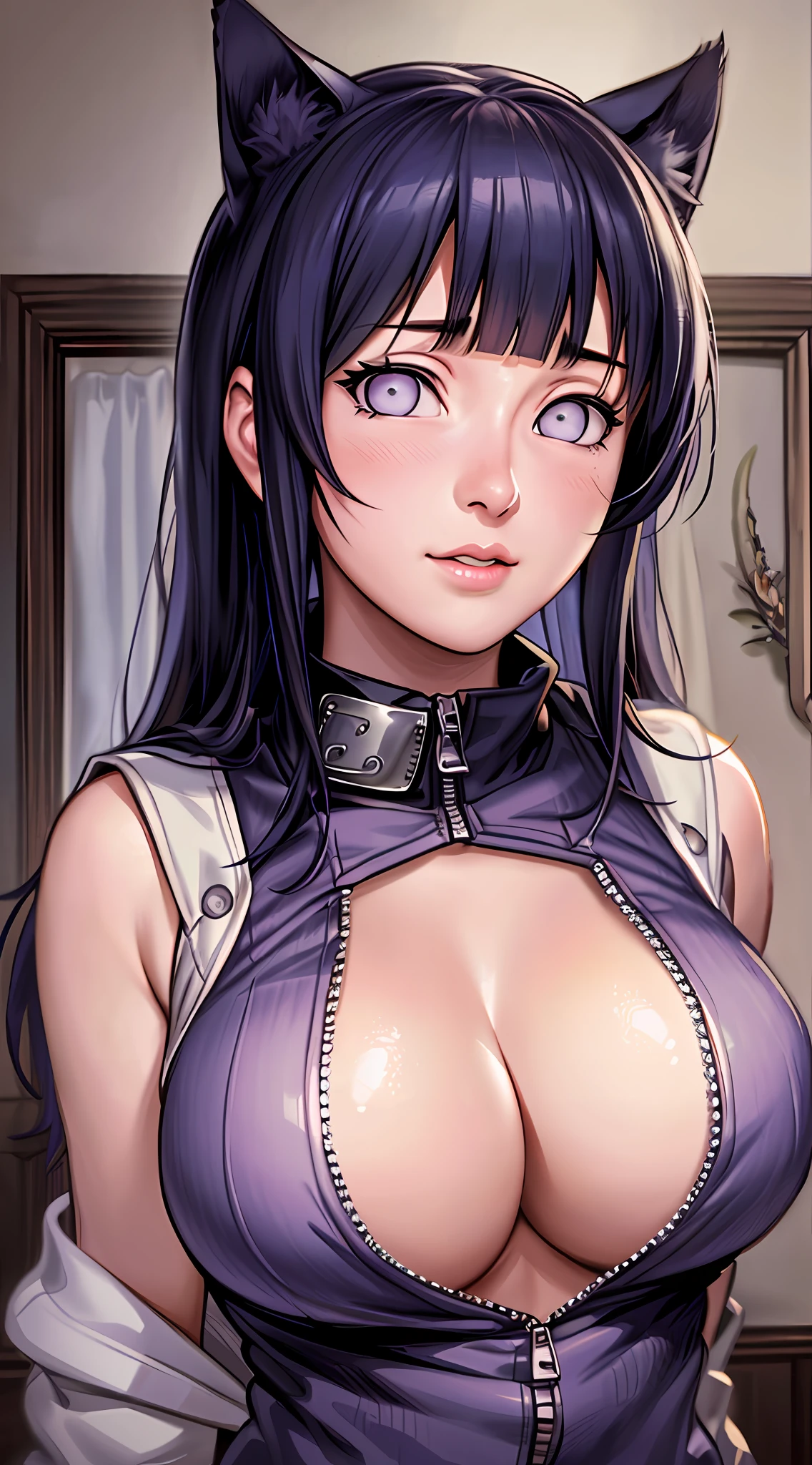 Masterpiece, highres, high Quality, detailed face, detailed body render, 1girl, solo, hyuuga hinata, hinata-sleeveless-outfit, large breasts, big breast, sleeveless shirt, fishnet top, dark lips, unzipped jacket, no bra, breasts out, nipple, standing, blushes, (on bedroom)