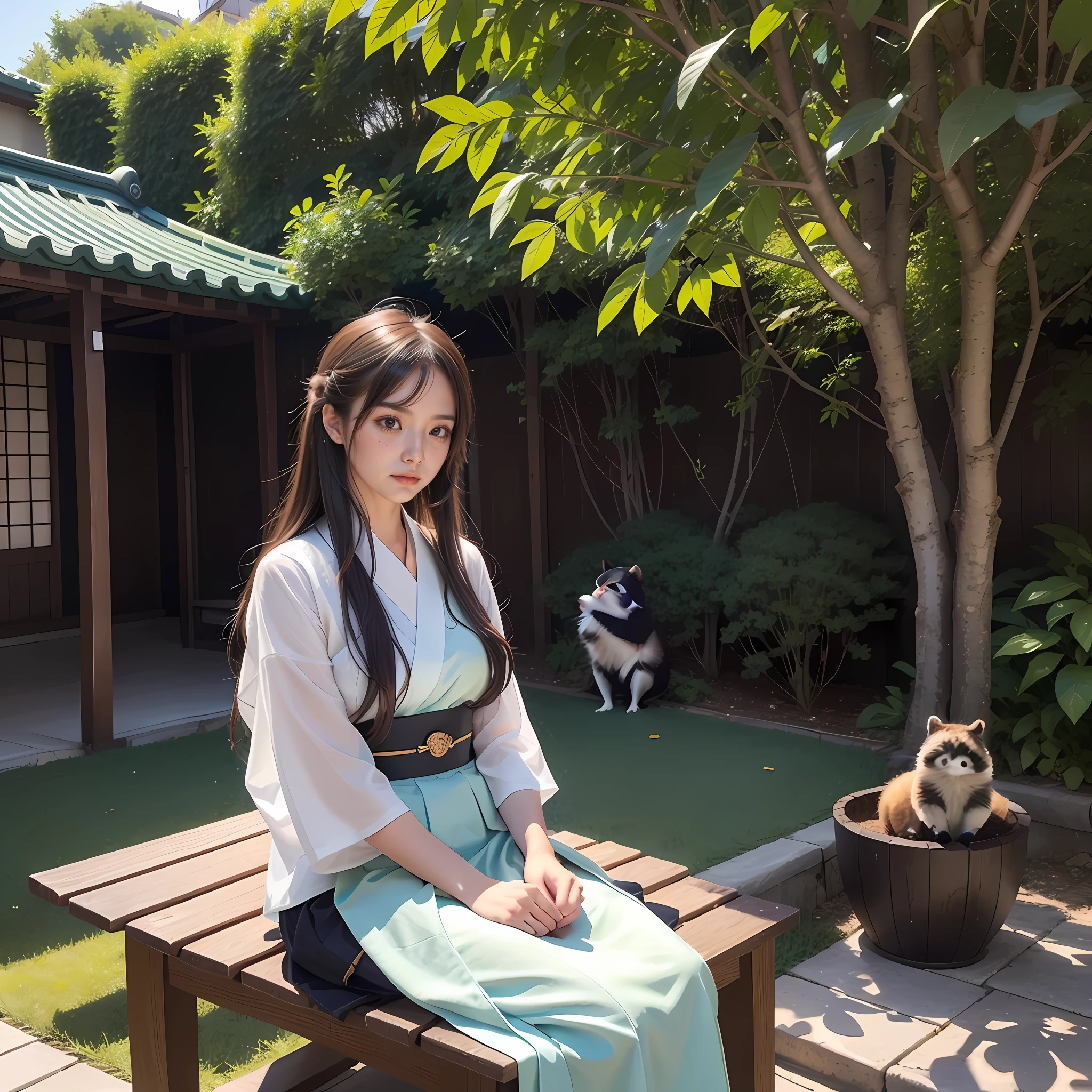 tmasterpiece,high qulity,细致背景,A high resolution,Kizi,long skirt,short- sleeved,courtyard,long whitr hair,the setting sun,Look up at the sky,potted,green leaf,Japanese courtyard,Don't look at the lens,does not look at the viewer,sitting on a bench,80shair。。。。。,The tanuki looks at the sky, offcial art, 8 k'', 电影灯光,Storytelling images