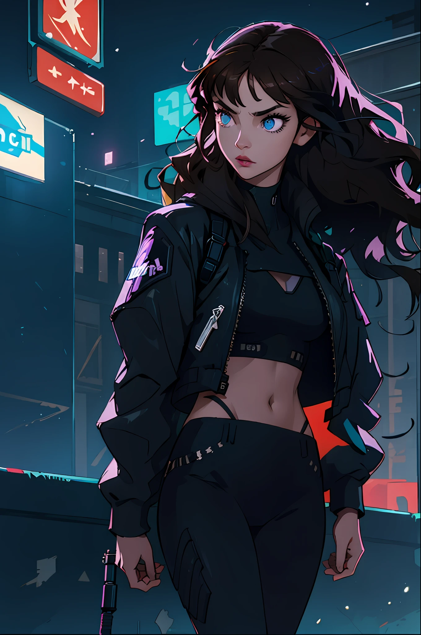 (best quality, masterpiece1.2), 1girl, beautiful girl, complex detail, depth of field, city, cyberpunk, neon, neon lights, sci-fi, night, moon, two-tone lighting, ray tracing, HDR, serious, badass, city, crop top, light brunette, middle parted. wavy hair, hair slightly pinned back out of her face, breasts, secret agent, FBI agent, mission impossible, cybernetics, asian