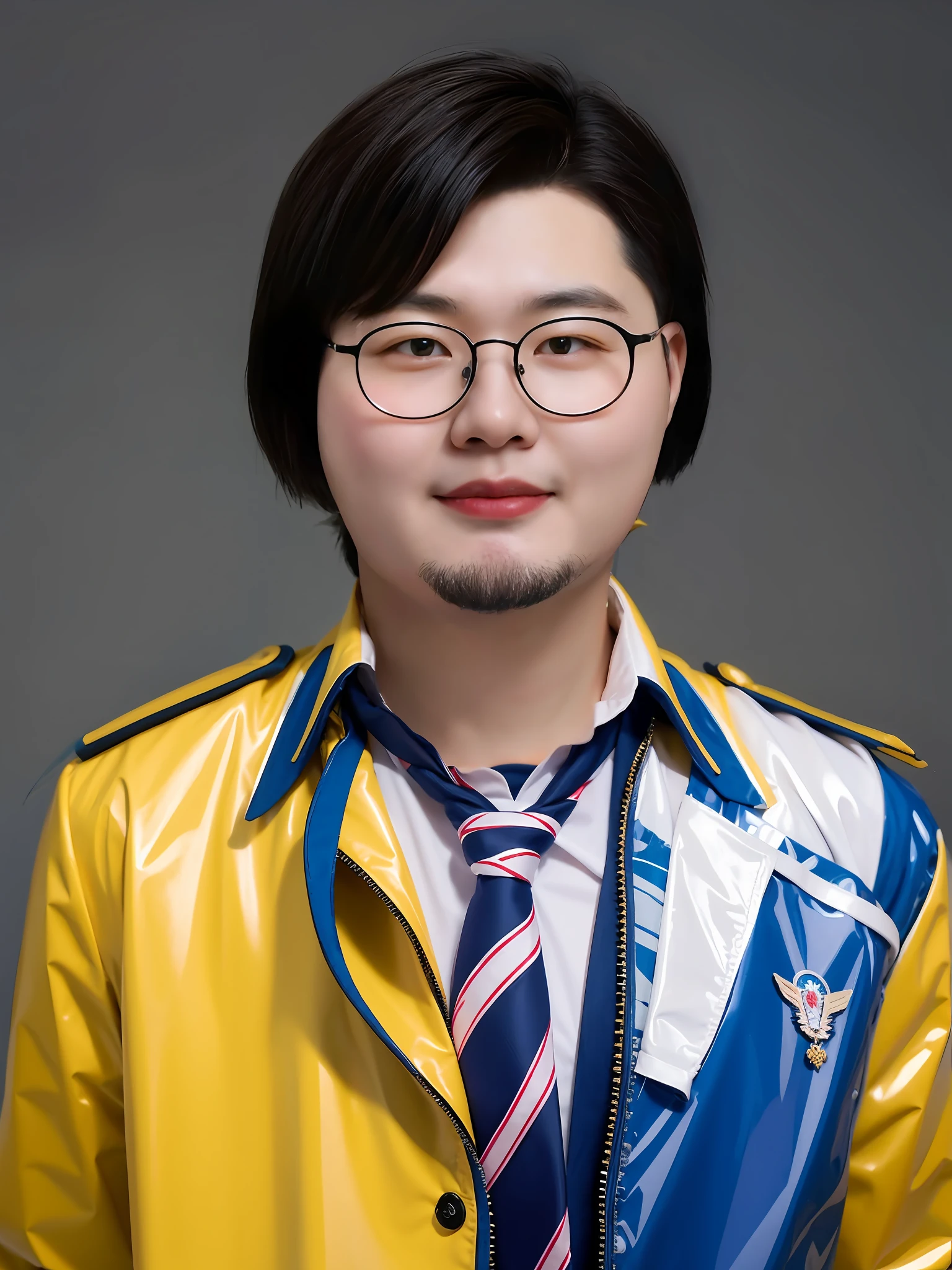 A Chinese male high school student,Wearing PVC Japanese high school uniform,There are zippers,Wear a tie