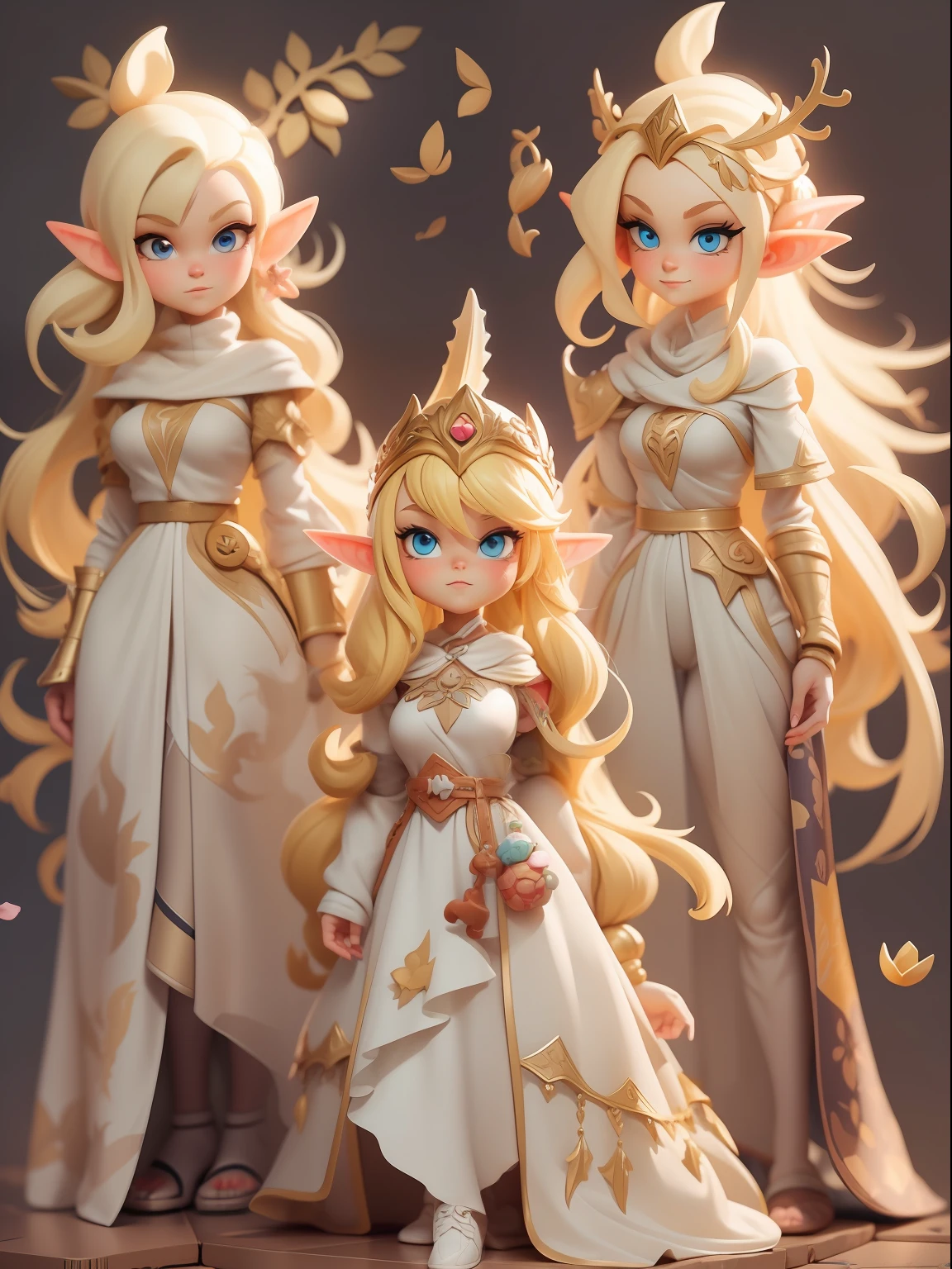 (Blind box toy style:1.2,European and American cartoon Q version), 1 Gorgeous female elves,soloist,Cute full body portrait,Full body standing painting,cartoon character,blond hairbl,double-ponytail,Golden wings,Light yellow white petal dress,Elf Princess,medieval times,3Drenderingof,cinmatic lighting,Ray traching