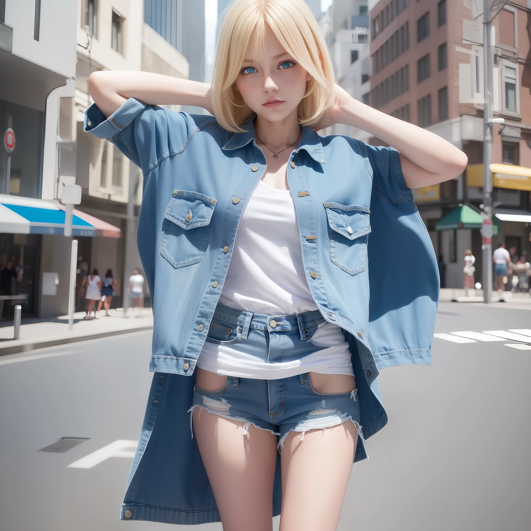 1girll, blond hairbl, Blue eyes, wearing shirt, Denim shorts, City, absurderes, A high resolution, ultrasharp, 8K, Masterpiece, view the viewer