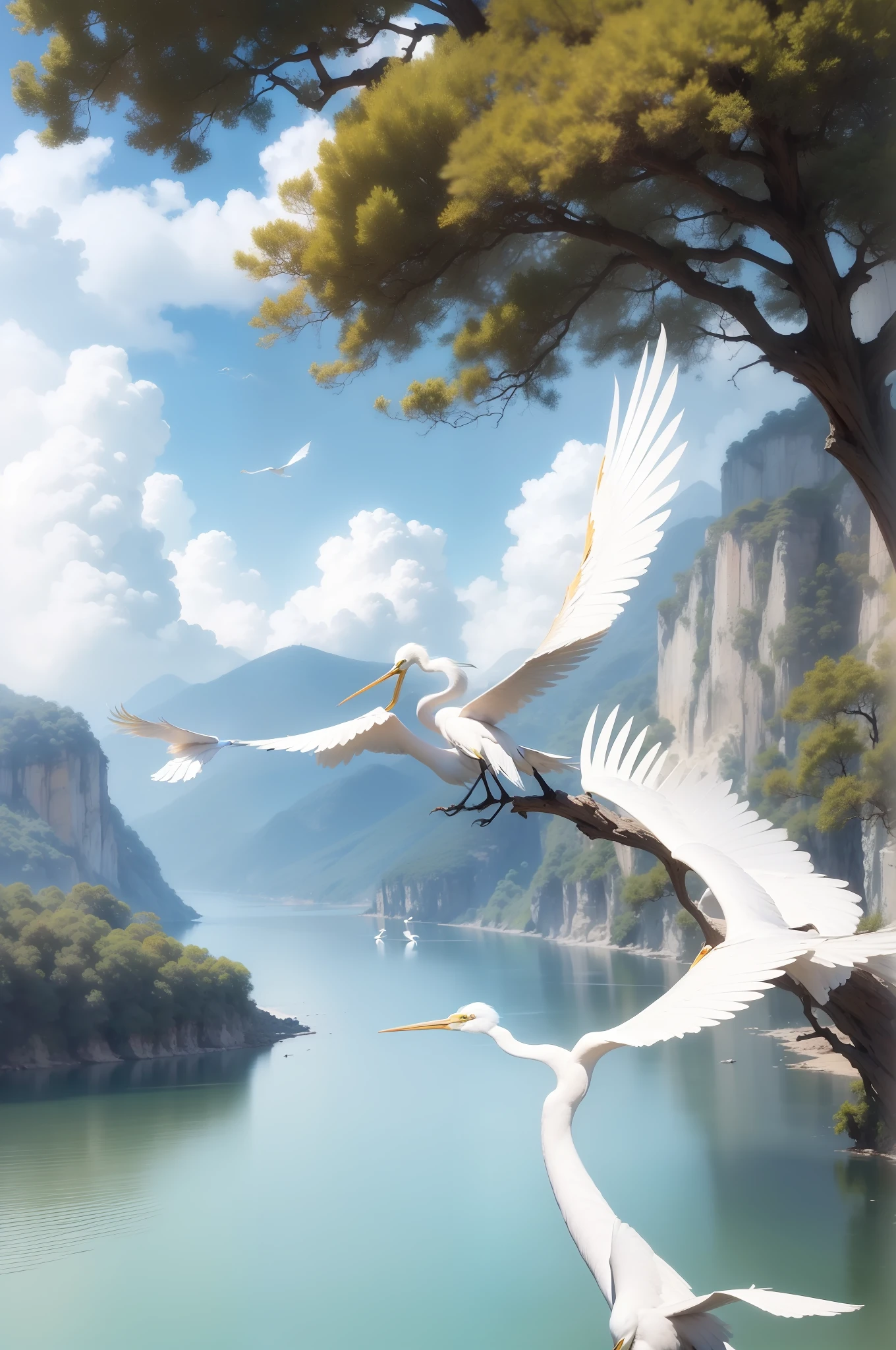 ((Antique scene+Splashes),(The sun hangs high+magnificent landscape),(4K quality+Egrets are flying))