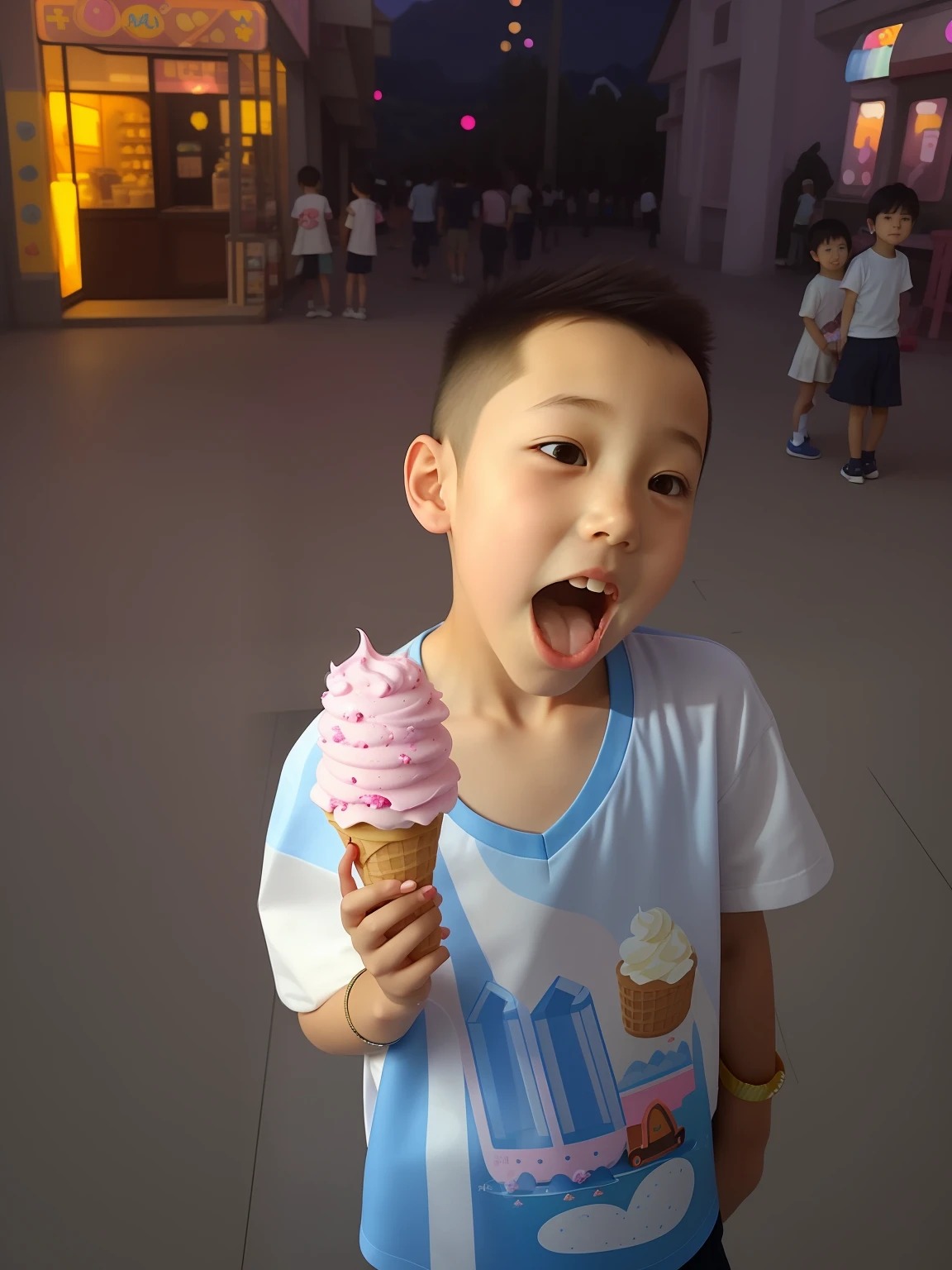 There was a holding a pink ice cream cone, eating ice - cream, Eating ice cream, kid, ice cream on the side, yanjun cheng, he is happy, ice cream, kiddy big breasts, Cute boy, Very excited, jinyiwei, Wonderful, very very happy!, Boy, mountains of ice cream, On a summer night, Happy kids
