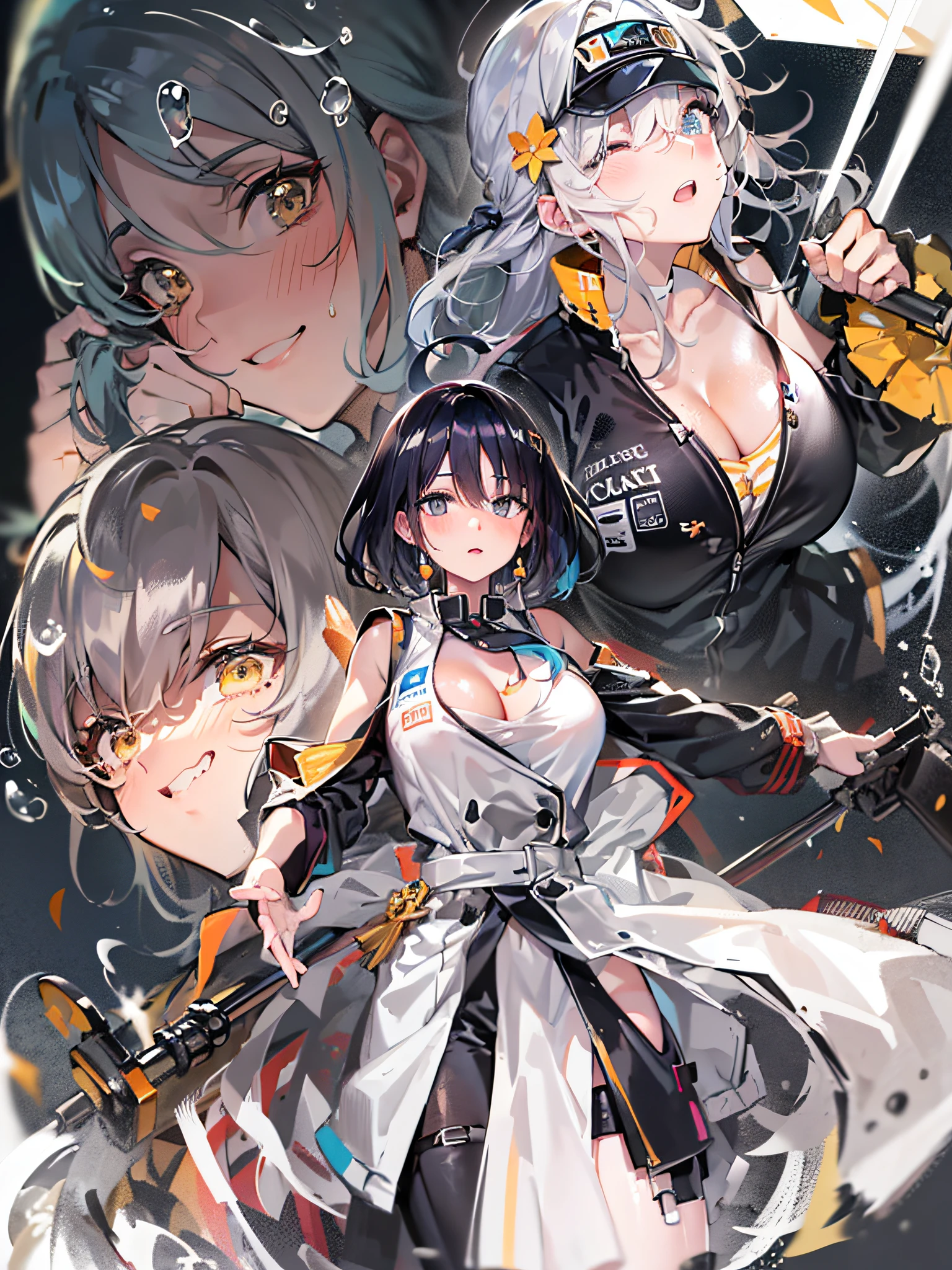 Masterpiece++, best quality++, ultra-definition++, ultra-definition++, 4k++, 8k++, (background focus)++, highly detailed, ((stadium))++, ((milf in gakuran) )) ++, (black gakuran), (black pants), ((cheering team)) ++, ((exciting mature woman)), ((arms crossed behind)) ++, (black Banner) +, (Hachimaki on the head), ((Whole body)) ++, (Moving angle), (Bleached on the chest), (((Wound the bleached))) +++, Long sleeves, (Super glossy hair and skin), (black hair)), (black eyes)+, white skin, long hair, (messy paper), (sunlight), (exciting pose)+, ((white bleach)) +++, ((beautiful)), (huge breasts_body: 1.5), (huge breasts_breasts: 1.5), muscular girl with clearly visible abs and muscles, sweaty body, cleavage, dynamism, Petal tattoo on left arm, bandage on one thigh, cleansing shave, firm abs, muscular thighs, dynamic smile, perfect eyes, perfect hands, perfect nose, orange hair, (water droplets), Bright Atmosphere, (Wet Effect)+, (Light Effect), (Cinematic Light)+, (Light Cinematic)+