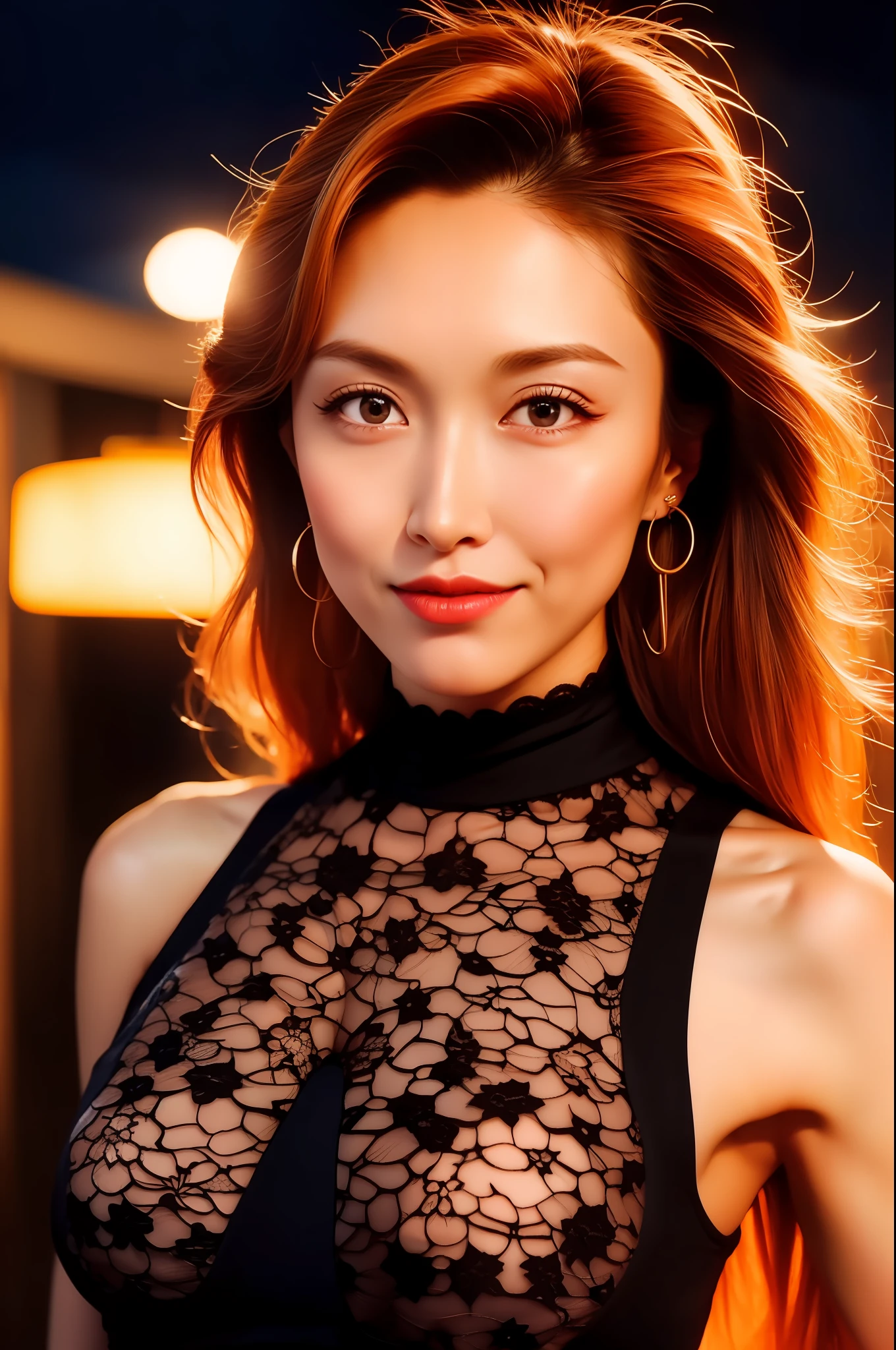 Woman posing on street corner at night wearing black tight dress, top quality, high resolution, 8k, girl, 1 person, (huge breasts), daytime, bright, outdoor, (street: 0.8), (people, crowd: 1), (lace) - trimmed dress: 1.5, light orange dress: 1.5, orange high neck dress: 1.5, sleeveless dress, orange dress: 1.5), gorgeous, (medium hair), beautiful detailed sky, beautiful earrings, (dynamic pose: 0.8), (upper body: 1.2), soft lighting, wind, shiny skin, gaze,