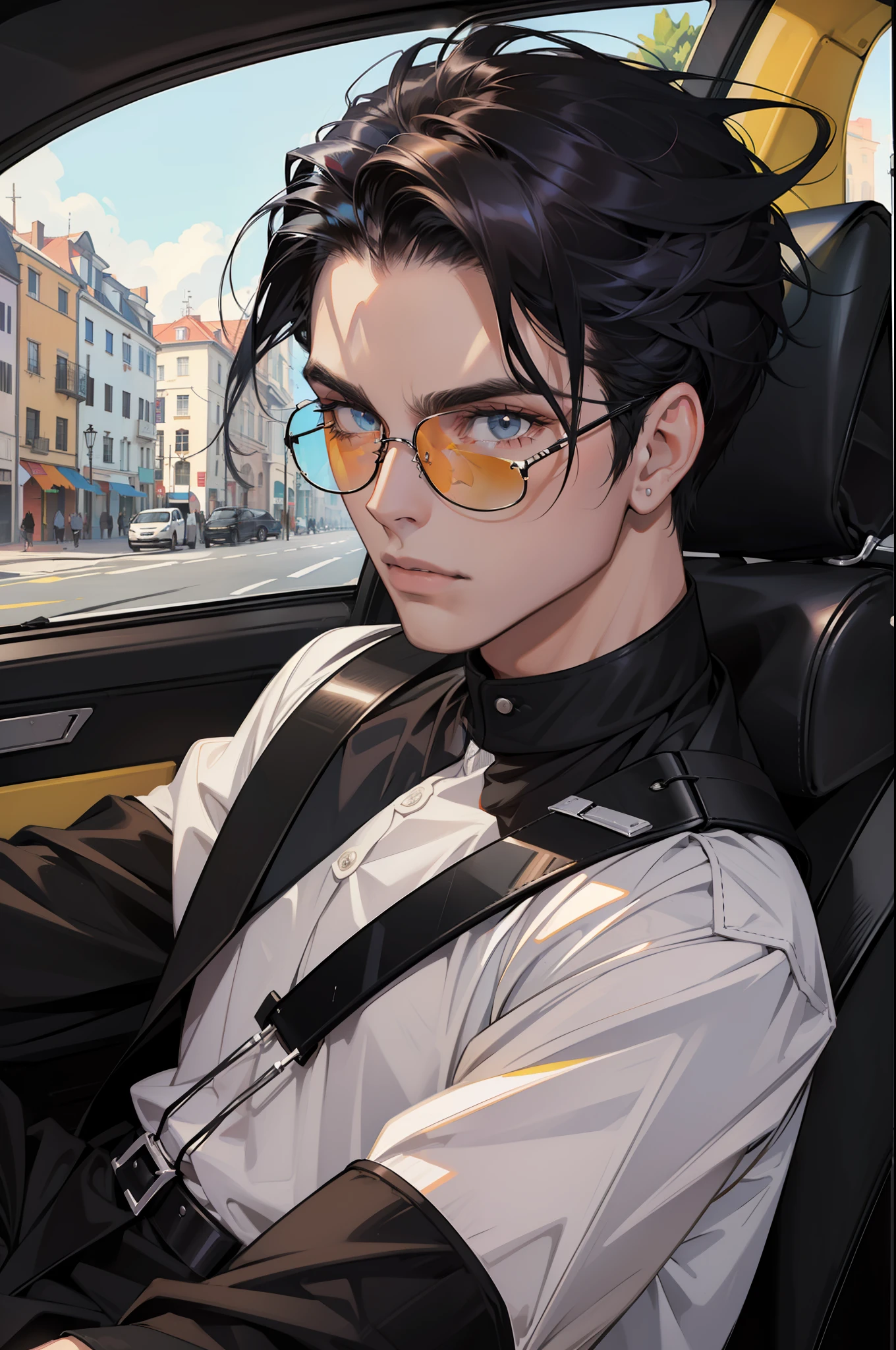 jovem rapaz, dentro do carro, 25 anos, cabelo curto, cabelo preto, inside convertible car, oculos preto, rayban, oculos escuros, confiante, terno vermelha, luz em seu rosto, forte luz, arm out of the car,