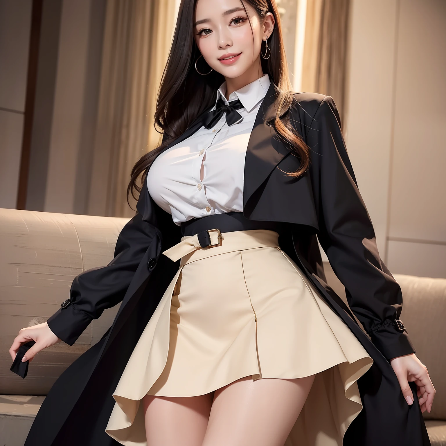 Top image quality、hight resolution、A detailed face、Beautiful Women in Perfect Style、affectionate smile、long skirt、flered skirt、tight skirts、pleatedskirt、Trench skirt、big breasts thin waist、slim legs