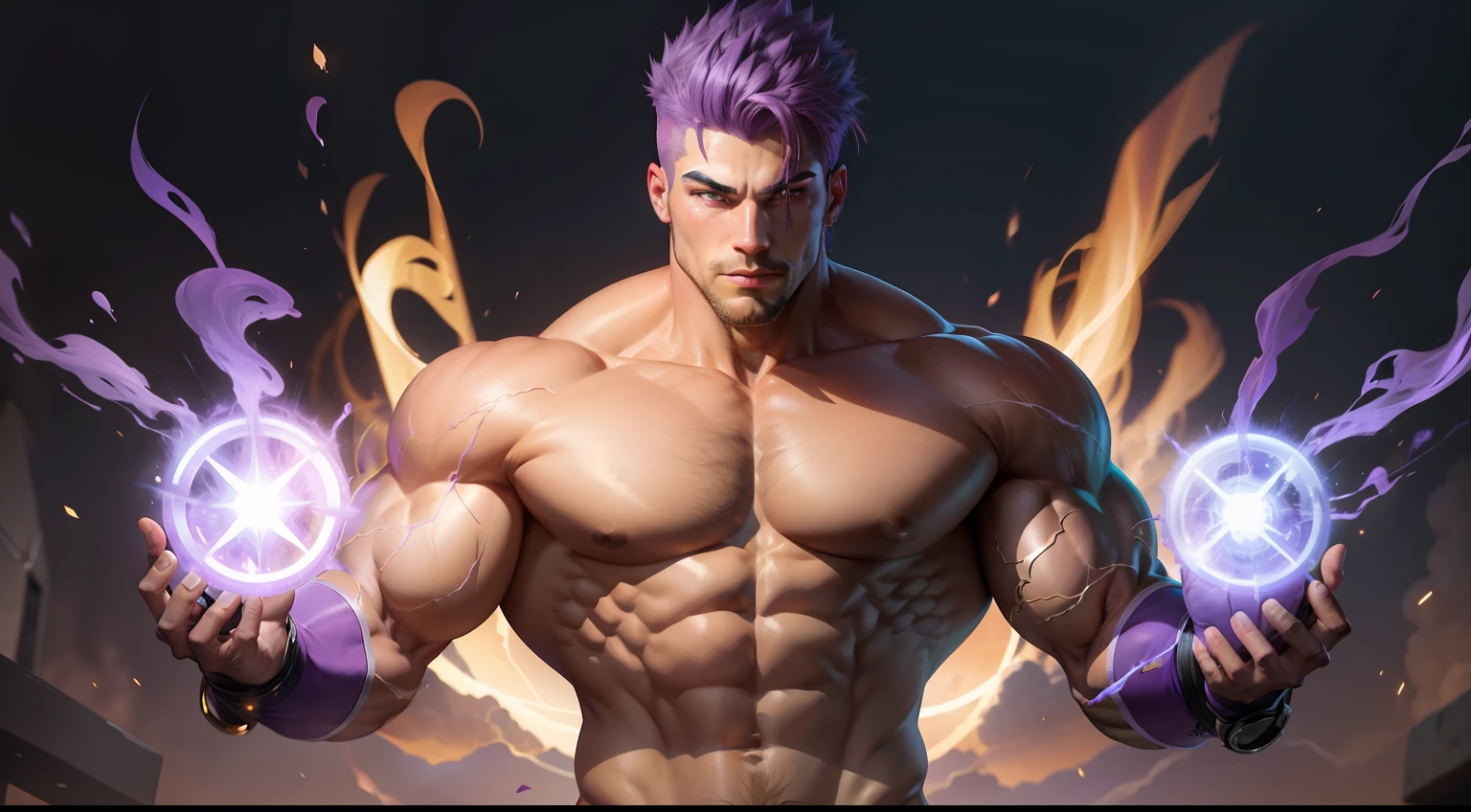 A muscular god with purple hair, happily surrounded by powers.
