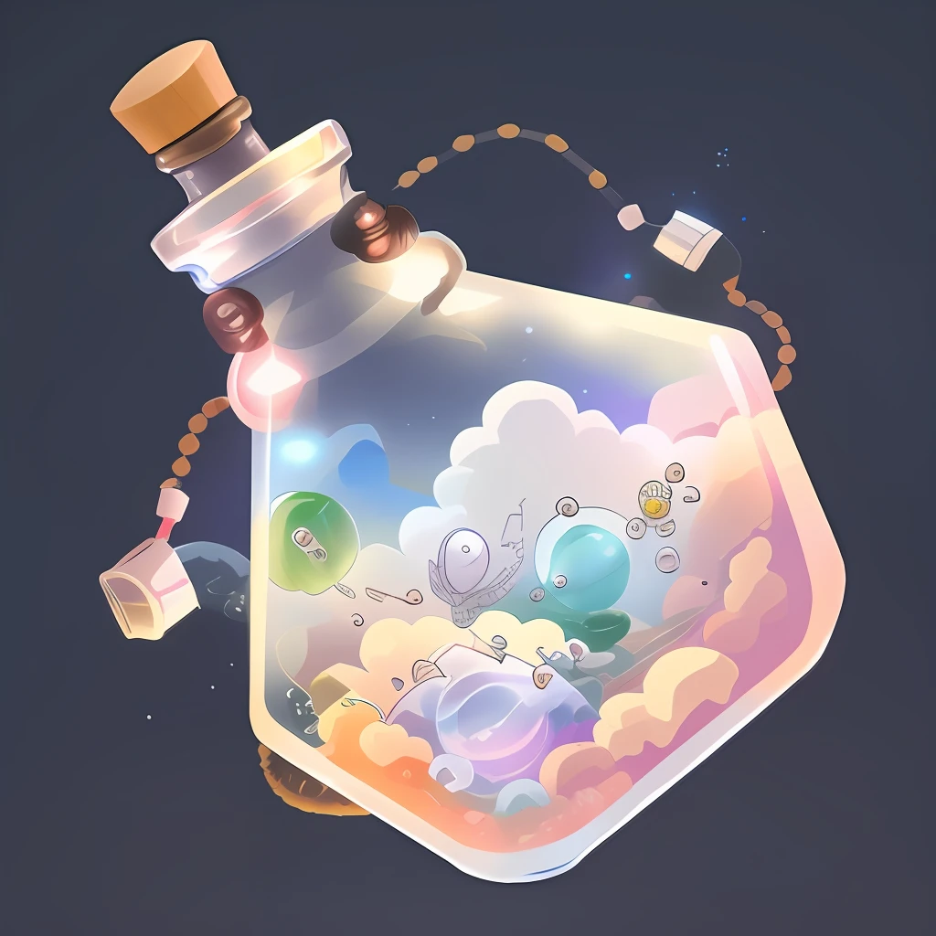 A game icon,The glass bottle has beautiful colored clouds inside,in style of ghibli
