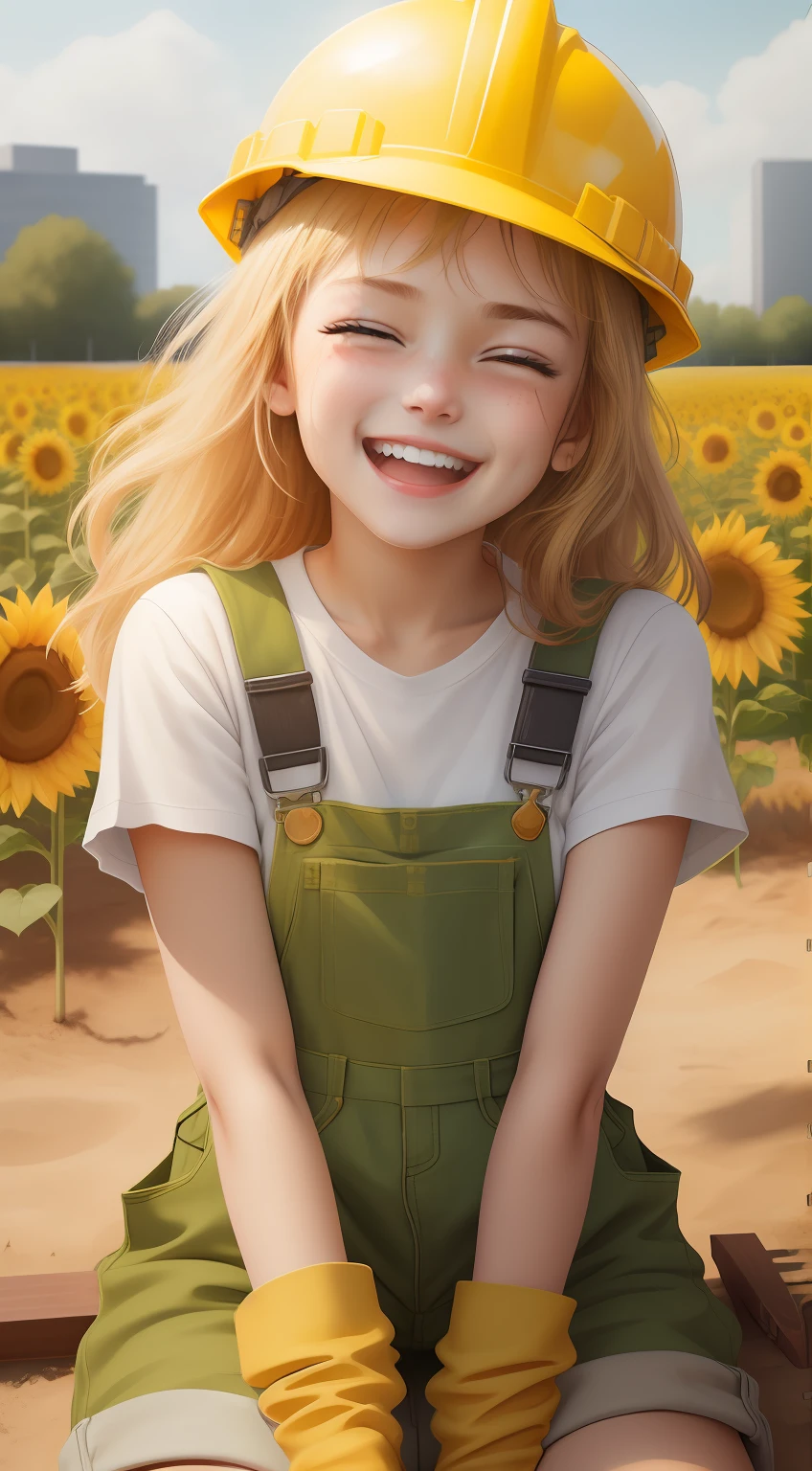 ((Laugh happily)), bit girl,Take a brick,Nature,Wearing yellow overalls, Wear a yellow hard hat, Wear yellow work boots,Sunflowers behind you, Work on construction sites, Sunlight shines on the face, Sweat on the face, wearing DRK_glam, No_Humanity, Depth of field, TO8 contrasting style shadows, (Dark: 0.8), (8K, RAW photo, Best quality, Masterpiece: 1.2)