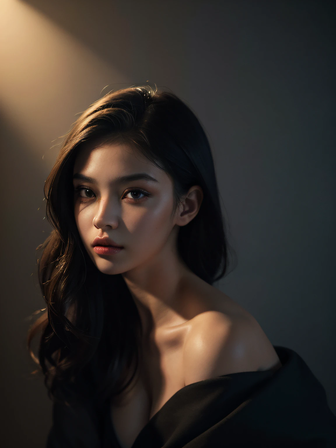 Best quality, masterpiece, ultra high res, (photorealistic:1.4), 1girl, offshoulder, in the dark, deep shadow, low key