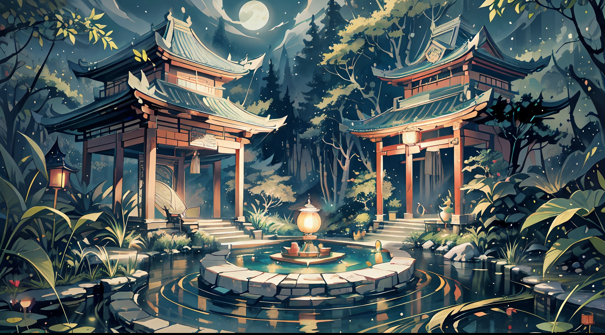 masterpiece,best quality,Chinese martial arts style,an asian night scene with lanterns and water lilies,asian pond with many lanterns and boatsa night scene with many lights and boats in the water, Lake surface, lotus flowers,beautiful night scene,(((Chinese martial arts style))), with vast sky, continuous mountains and steep cliffs, ink wash style, outline light, atmospheric atmosphere, depth of field, mist rising, bamboo, pine trees, octagonal stone pavilion, waterfall flowing water,big full moon,(No color) , Monochrome, light color,Dispersion, rainbow,