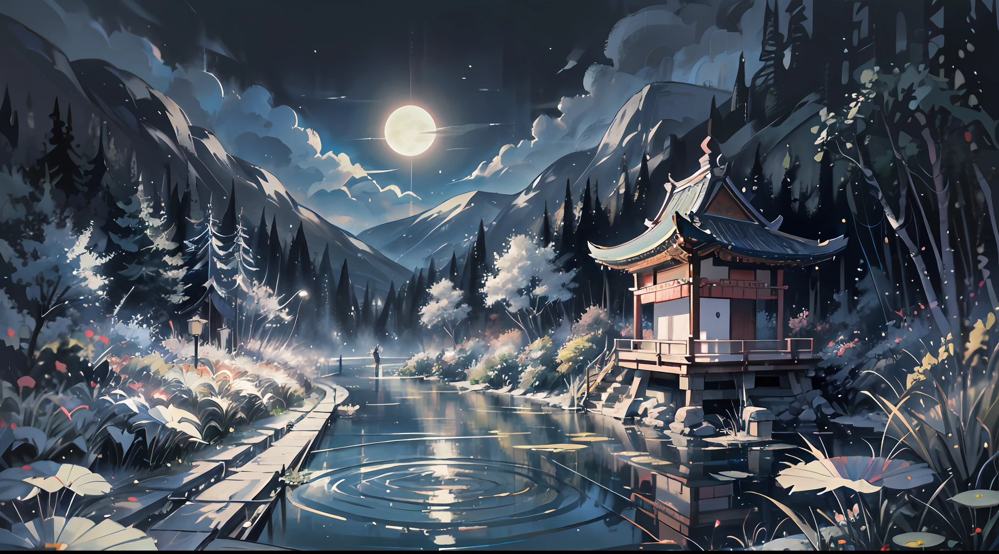 masterpiece,best quality,Chinese martial arts style,an asian night scene with lanterns and water lilies,asian pond with many lanterns and boatsa night scene with many lights and boats in the water, Lake surface, lotus flowers,beautiful night scene,(((Chinese martial arts style))), with vast sky, continuous mountains and steep cliffs, ink wash style, outline light, atmospheric atmosphere, depth of field, mist rising, bamboo, pine trees, octagonal stone pavilion, waterfall flowing water,big full moon,(No color) , Monochrome, light color,Dispersion, rainbow,