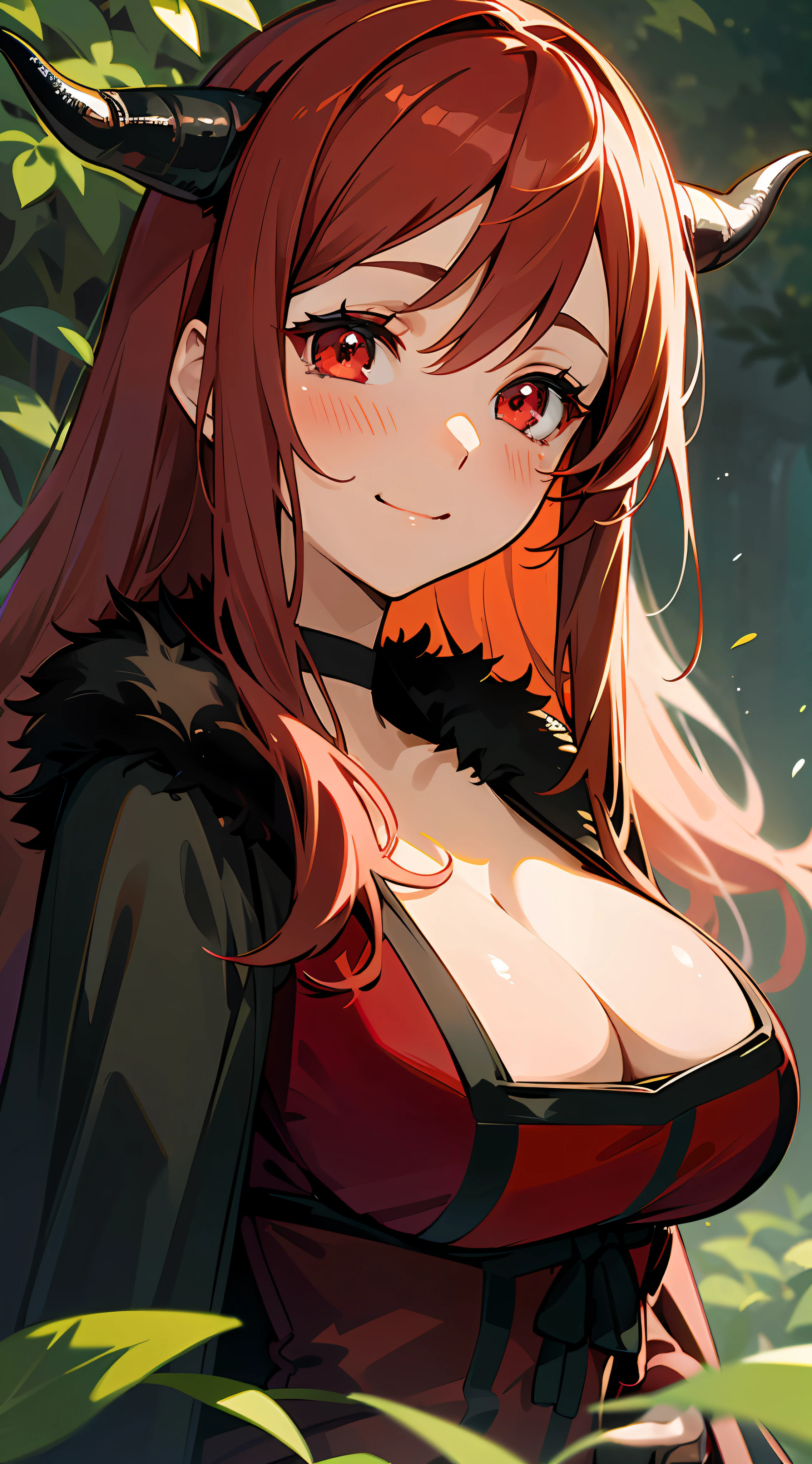 Masterpiece, Superb Painting, Maou, Horns, Choker, Fur Trim, Black Cape, Long Red Dress, Red Eyes, Ruby Eyes, Close Mouth, Upper body, Large Breasts, Smiling, Fantasy, Nature, Green Leaves, Green, Nature Background, Blushing, Looking at viewer, 1girl, Cute, Close Up Shot, (Dynamic Light: 1.2), Cinematic Light, Delicate Facial Features, Detailed Eyes, Sharp Pupils, Realistic Pupils, Depth of Field, Clear Focus, (Ultra Detail, Glow: 1.4)