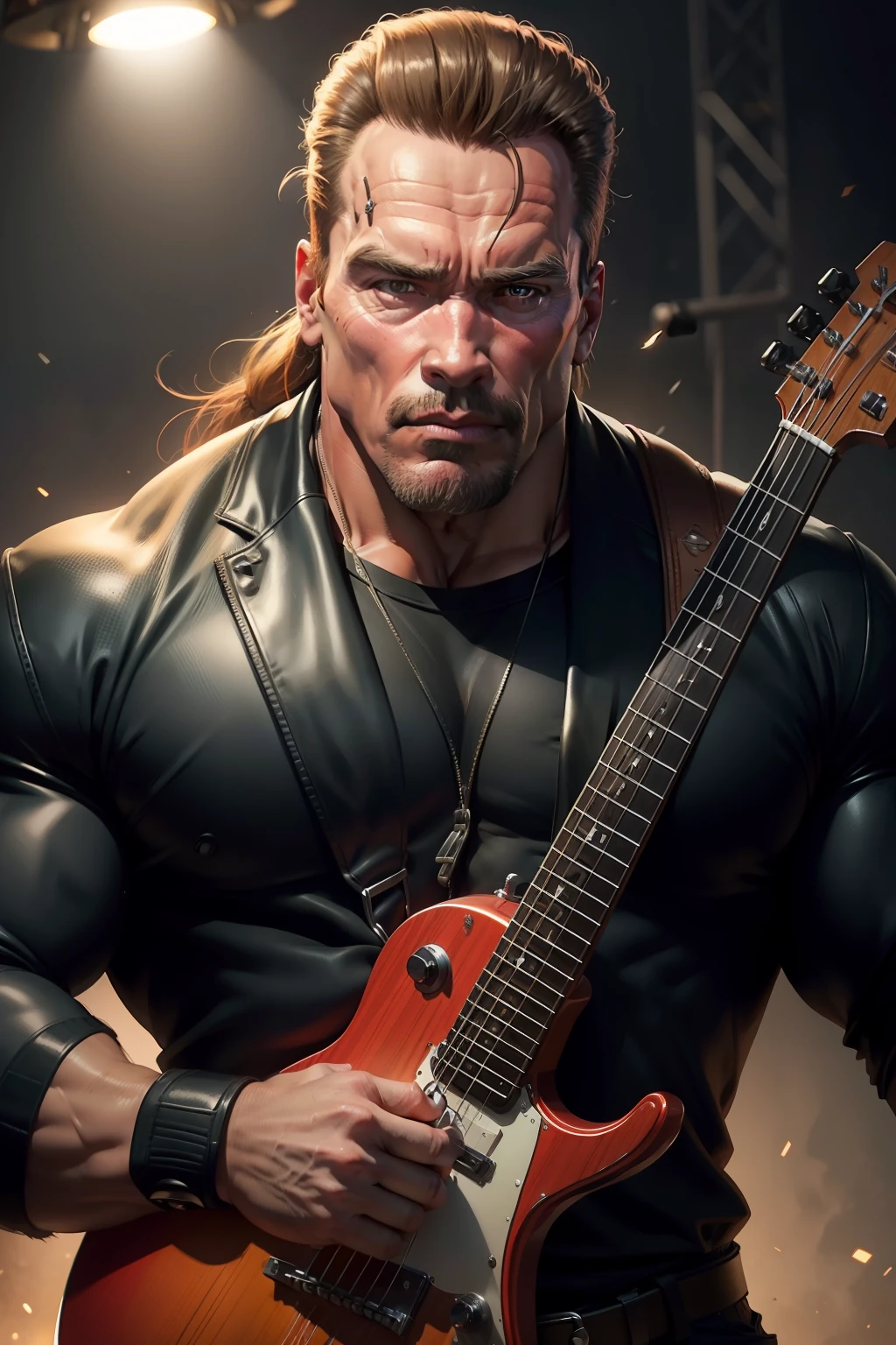 Arnold Schwarzenegger Gorilas banda musical fazendo careta, detalhes intrincados, perfect features, Dramatic, Cinematic lighting, Highlight lighting, SSAA, smooth rendering, no noise --testp --ar 2:3 --video --no lazy prompts, 360 view