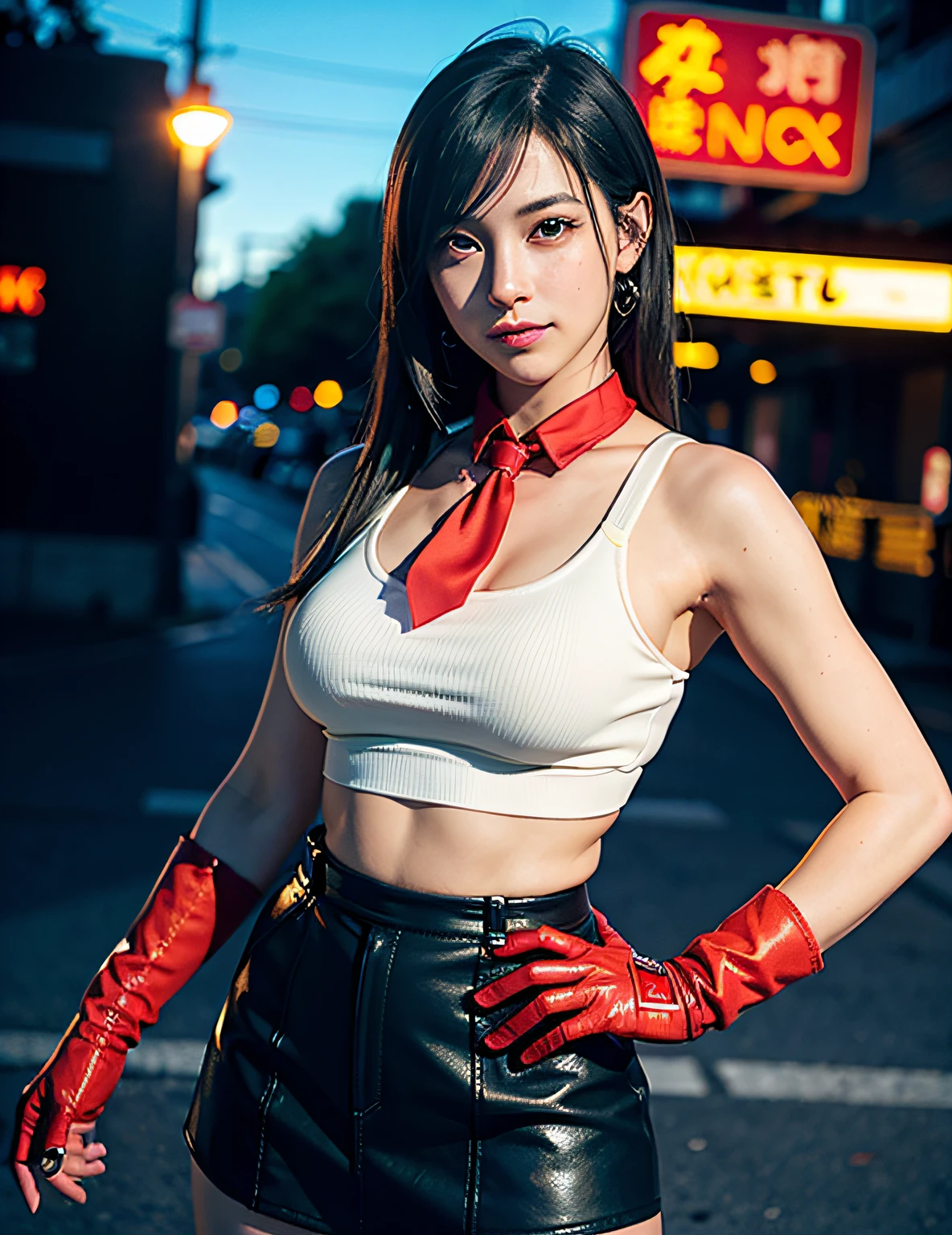 (8K, Best Quality, Masterpiece:1.2), (Realistic, Photorealistic:1.37), Ultra Detail, 1 Girl,Cute, Solo, (Tipha Lockhart), (Big Tifa),(Beautiful Detailed Eyes), (Smile:1.2), (Closed Mouth), Erotic Pose, Dance, Neon Lights, Cityscape, Depth of Field, Dark Strong Shadows, Sharp Focus, Car, Motion Blur, Motorbike, depth of field, good composition, glowing green, final fantasy vii, date,(blush), single elbow pads, ankle boots, black hair, black thighs, red boots, elbow gloves, elbow pads, fingerless gloves, taut shirt, sports bra, (suspenders black skirt), thighs, white tank top, full body, headrest, lips, pretty face, long low tie hair, (((red_ eyes)), yellow flowers, (night: 1.3), complex, bokeh, cinematic lighting, photon mapping, radiosity, physically based rendering, (Tetsuya Nomura style), perfect breasts