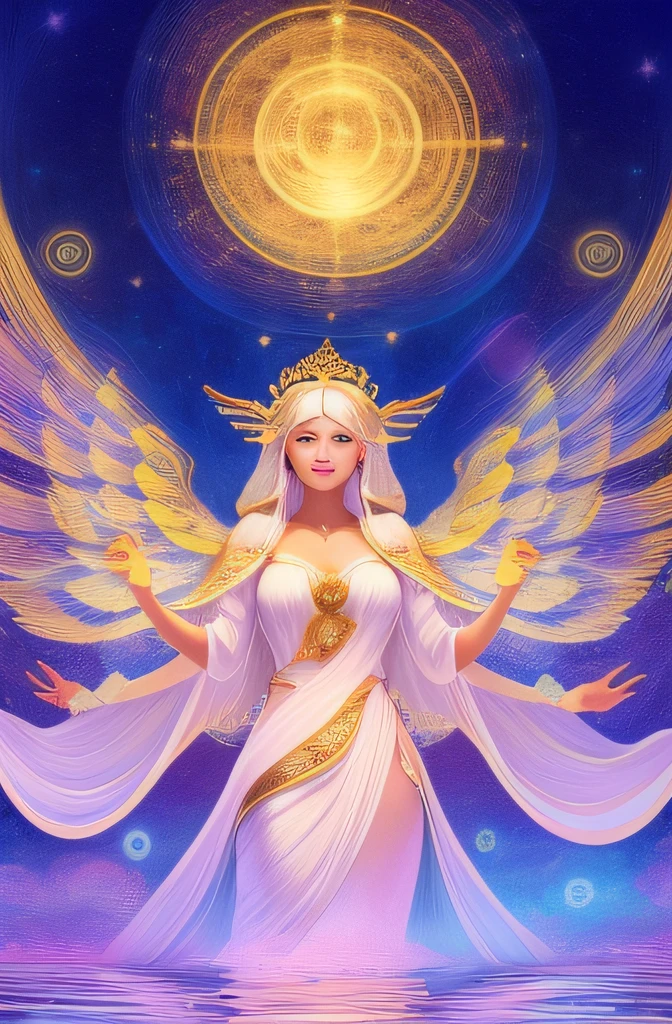 (Ethereal)+, (Graceful)+, (Divine)+, (Radiant)+, A celestial body,Dressed in flowing white robes and glittering wings, A calm expression on her face, A golden halo glows above her head, Surrounded by a soft glow, Delicate facial features and gentle demeanor, Convey a sense of peace and purity, Inspire awe and wonder by those who see her presence ,coils, illustration, Dream
