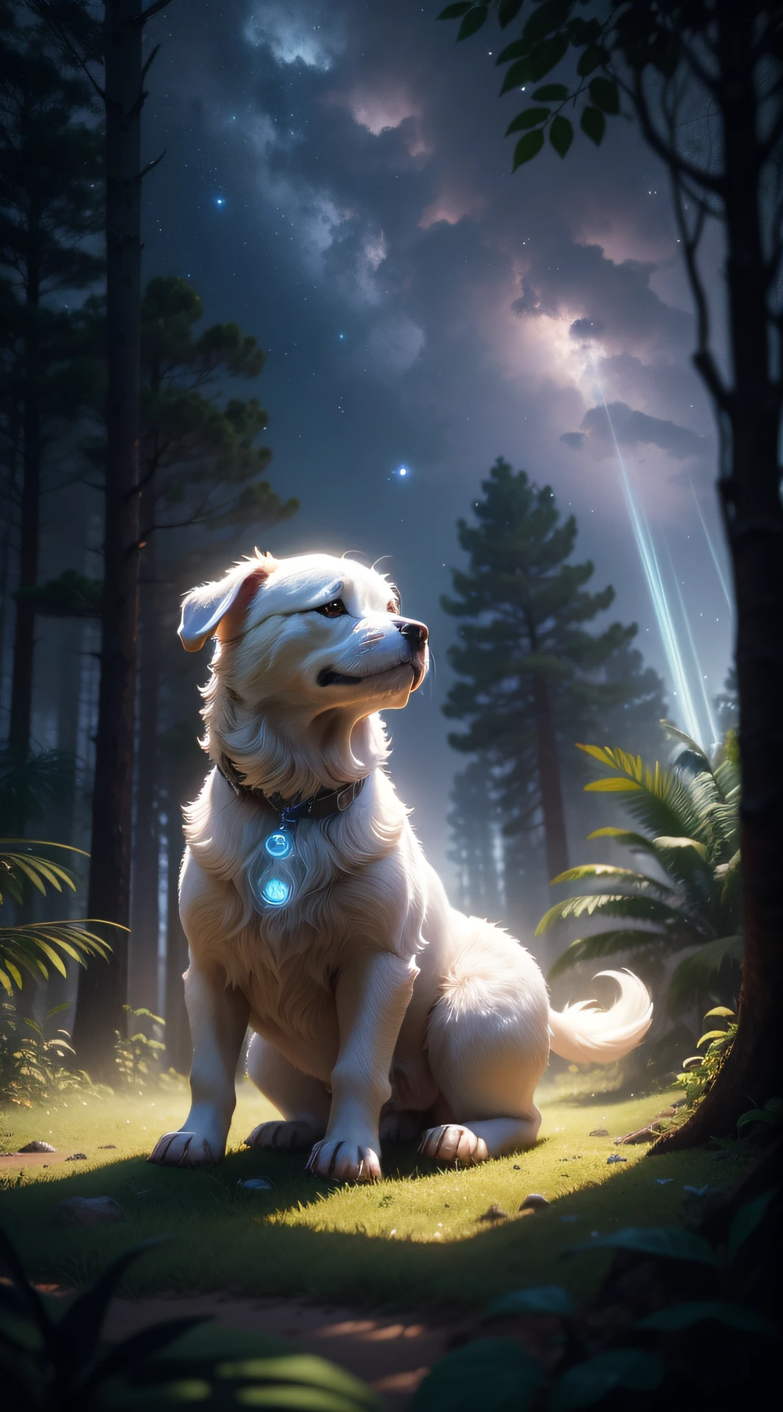 foto em close de um cachorrinho celestial e feliz pulando muito fofo na floresta, soft volumetric lights (retroiluminação: 1.3), (kinematics: 1.2), detalhes intrincados (ArtStation: 1.3), Rutkowski