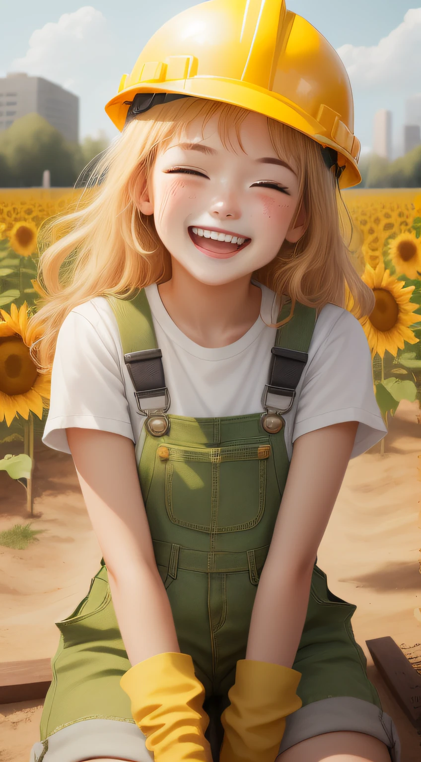 ((Laugh happily)), bit girl,Take a brick，Nature,Wearing yellow overalls, Wear a yellow hard hat, Wear yellow work boots，Sunflowers behind you， Work on construction sites, Sunlight shines on the face, Sweat on the face, wearing DRK_glam, No_Humanity, Depth of field, TO8 contrasting style shadows, (Dark: 0.8), (8K, RAW photo, Best quality, Masterpiece: 1.2)