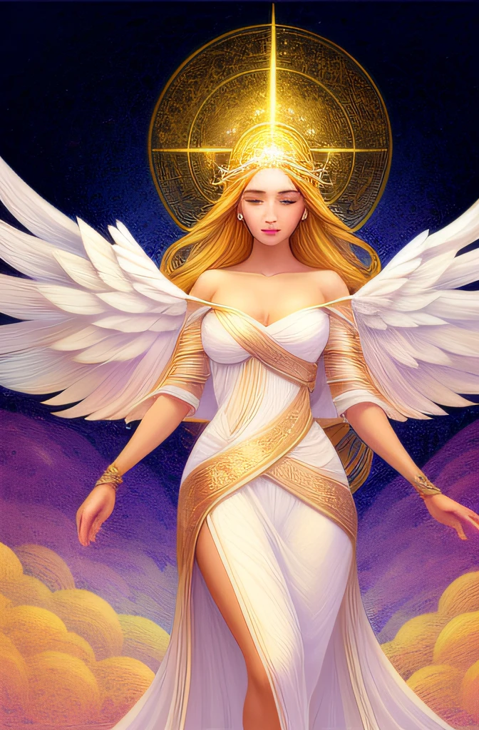 (Ethereal)+, (Graceful)+, (Divine)+, (Radiant)+, A celestial body,Dressed in flowing white robes and glittering wings, A calm expression on her face, A golden halo glows above her head, Surrounded by a soft glow, Delicate facial features and gentle demeanor, Convey a sense of peace and purity, Inspire awe and wonder by those who see her presence ,coils, illustration, Dream