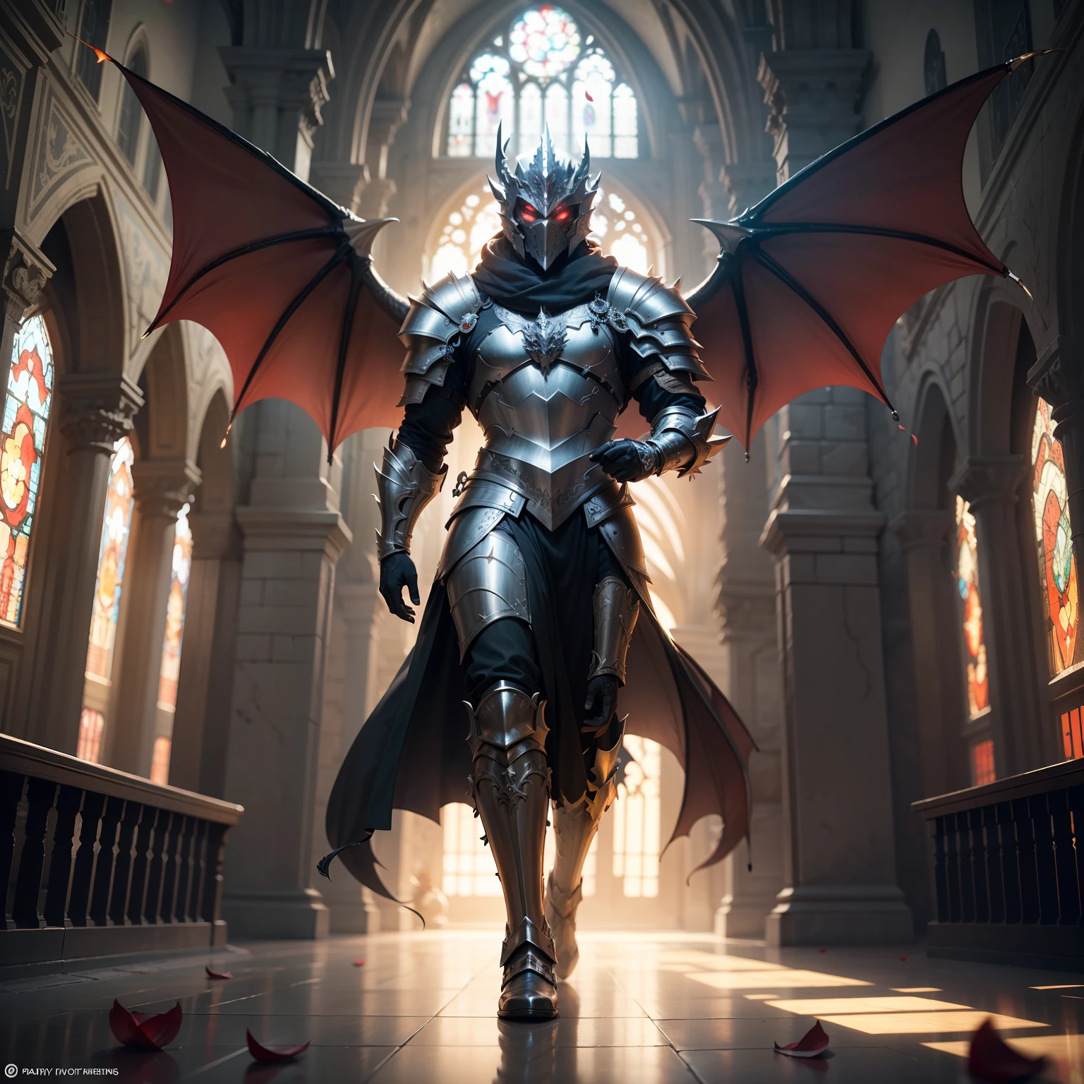 extremely detailed 8k wallpaper), intricate, richly detailed, dramatic, The Dragon Lord wears highly detailed black steel shoulder pads modeled after dragon heads with shimmering silver trimmings and ornaments, an overlying gray cloak with an extremely detailed large hood that goes deep into the bearded sinister Face is drawn with only a pair of red eyes peeking out from underneath, highly detailed gray feathered dragon wings with translucent membranes, insanely realistic graphics, insanely detailed detailing, ultra realistic and highly detailed heavy black steel armor with shiny silver glitter detailing on a gray tunic, extremely detailed heavy black armor Steel gloves and boots reinforced with shiny silver trimmings, the light reflecting off the trimmings, glowing ash trickling from the torches in the vaulted passageway during the leisurely stroll through the somber cathedral, the path lined with crimson rose petals,