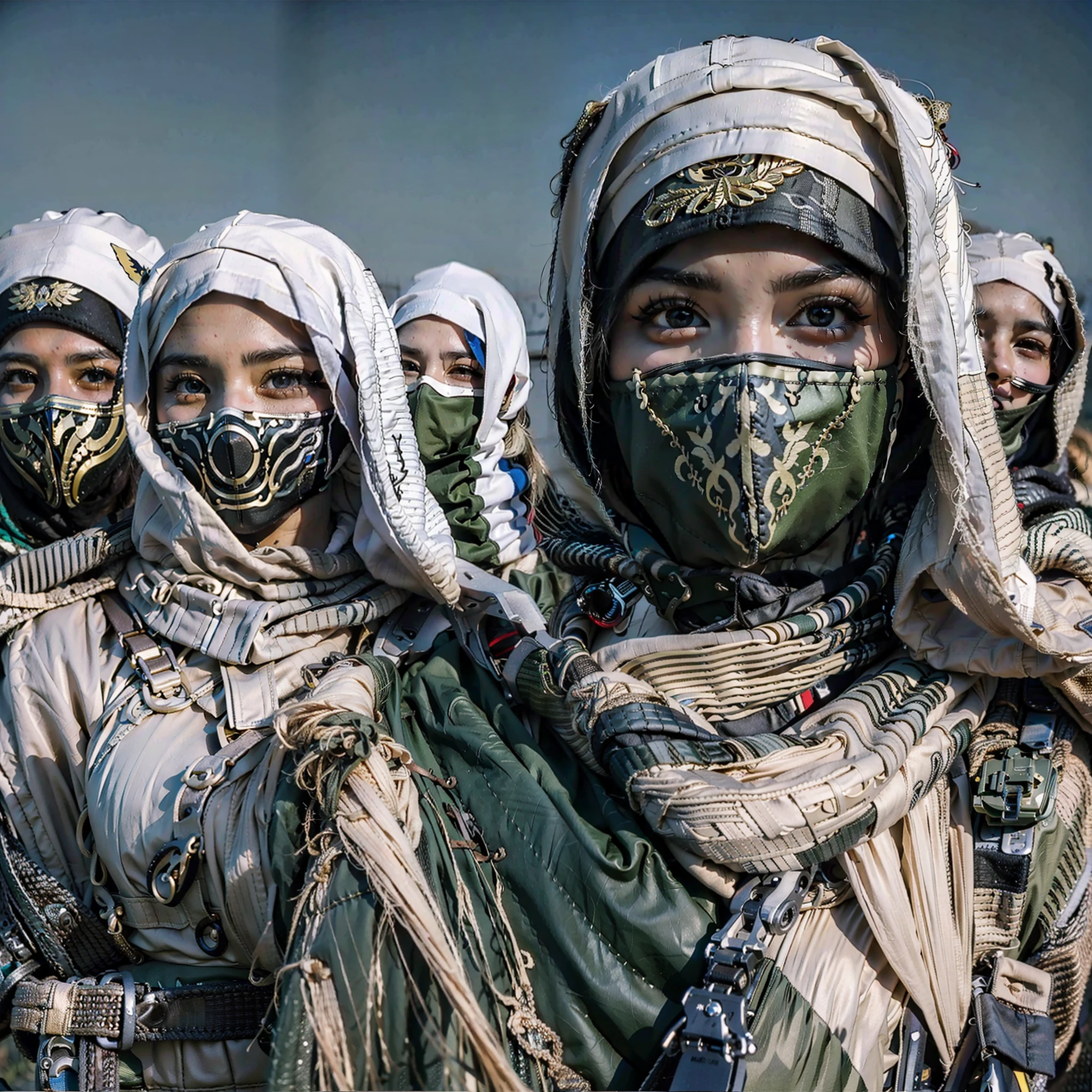 in a panoramic view，photorealestic，8K，Cyberpunk Arabian style，Arab Luxury Women's Military Academy，Luxurious décor，Fabric decoration，Weapon decorations， army car，fighter jets，helicoptere，Three beautiful Arab officers，Wearing the uniform of a modern Arab officer，Covered with an Arabian burqa（Burqa），Arabic hijab（hijabi sluty），Arabian veil（niqab），Black hood，Black mask，bound waist，masked，Only the eyes are exposed，Sharp eyes，Stand in a row at the military academy，Holding the military flag，All masked，Perfectcomposition，professinal，Meistwick，commissioned，best qualtiy，color corrected，After fixation，Retouching，Improvement，Epic，Tone-mapping，the detail， highly  detailed， digitial painting， art  stations， Conceptual map of the long dam， Smoothness， Sharp focus， Beautiful illustration， photore， The light from the back window is backlighted， 动态照明， Mist， 复杂， cinematic grain， professinal， face to the viewer，（Beautiful m3d_woman， Perfect M3D_face,）， Volumetriclighting， subsurfacescattering， Good highlights， Good shadows， cinematic ligh