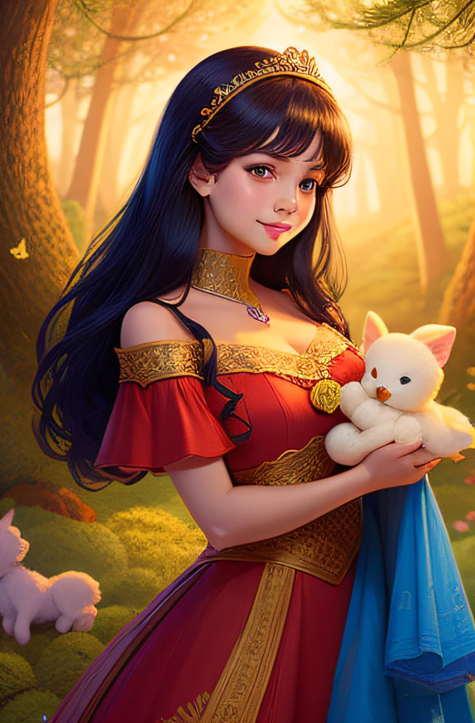 a young princess with fair skin and dark hair, wearing a vibrant blue and yellow gown, a red ribbon adorning her hair, lips as red as a rose, surrounded by woodland creatures, a gentle smile on her face, radiating kindness and innocence, capturing the magic and charm of this beloved fairytale character ,coils, illustration, dream