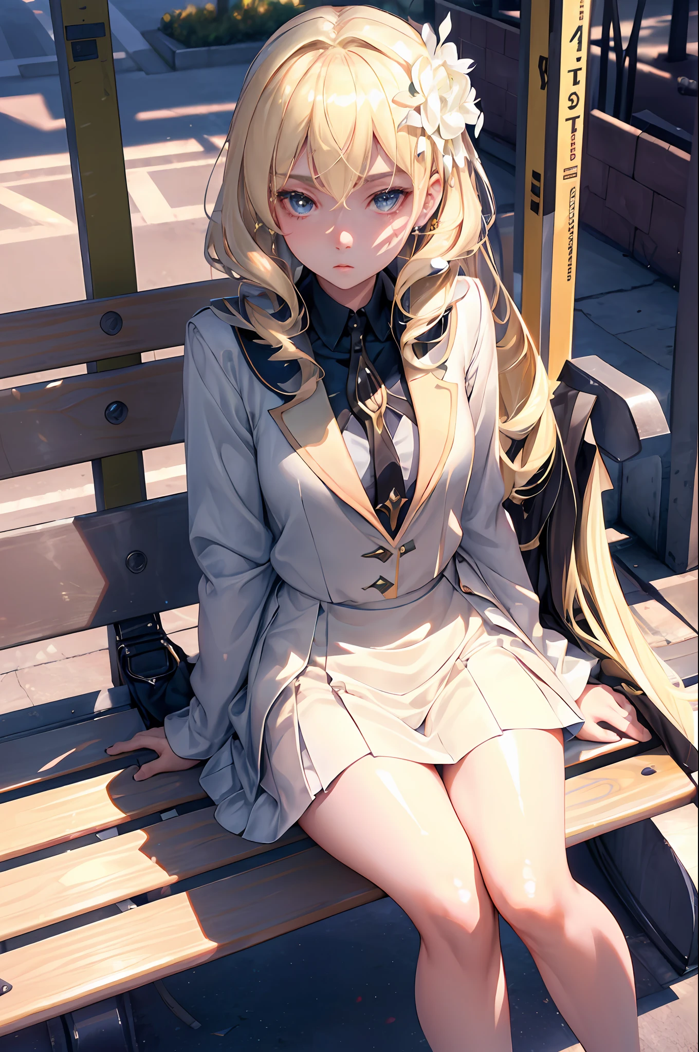1girl, blonde hair, school uniform, sitting on a bench, waiting for the bus, bus station, city background, perfect eyes, perfect hands, ultra high res, cinematic angle, professional lighting, best quality, masterpiece, sidelighting, sharp, perfect focus, bokeh, photorealistic, (finely detailed beautiful eyes: 1.3), realistic, (3d face:1.1), (lustrous skin:1.5), (ultra high res intricate face details), (face skin pores:1.3), ultra high res cloth texture, 8k eye details, 8k pupils,