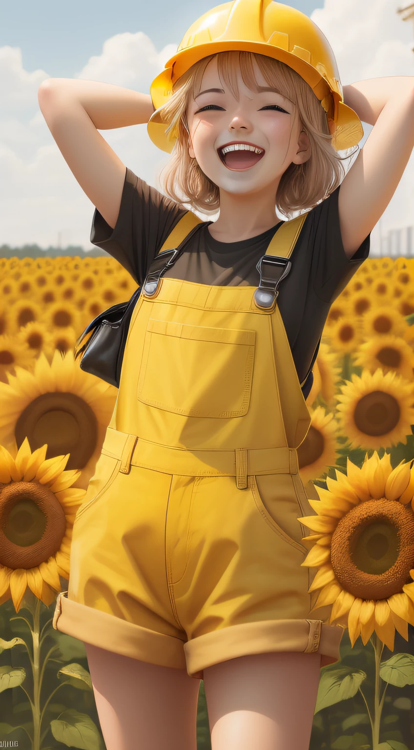 ((Laugh happily)), bit girl,Take a brick，Nature,Wearing yellow overalls, Wear a yellow hard hat, Wear yellow work boots，Sunflowers behind you， Work on construction sites, Sunlight shines on the face, Sweat on the face, wearing DRK_glam, No_Humanity, Depth of field, TO8 contrasting style shadows, (Dark: 0.8), (8K, RAW photo, Best quality, Masterpiece: 1.2)