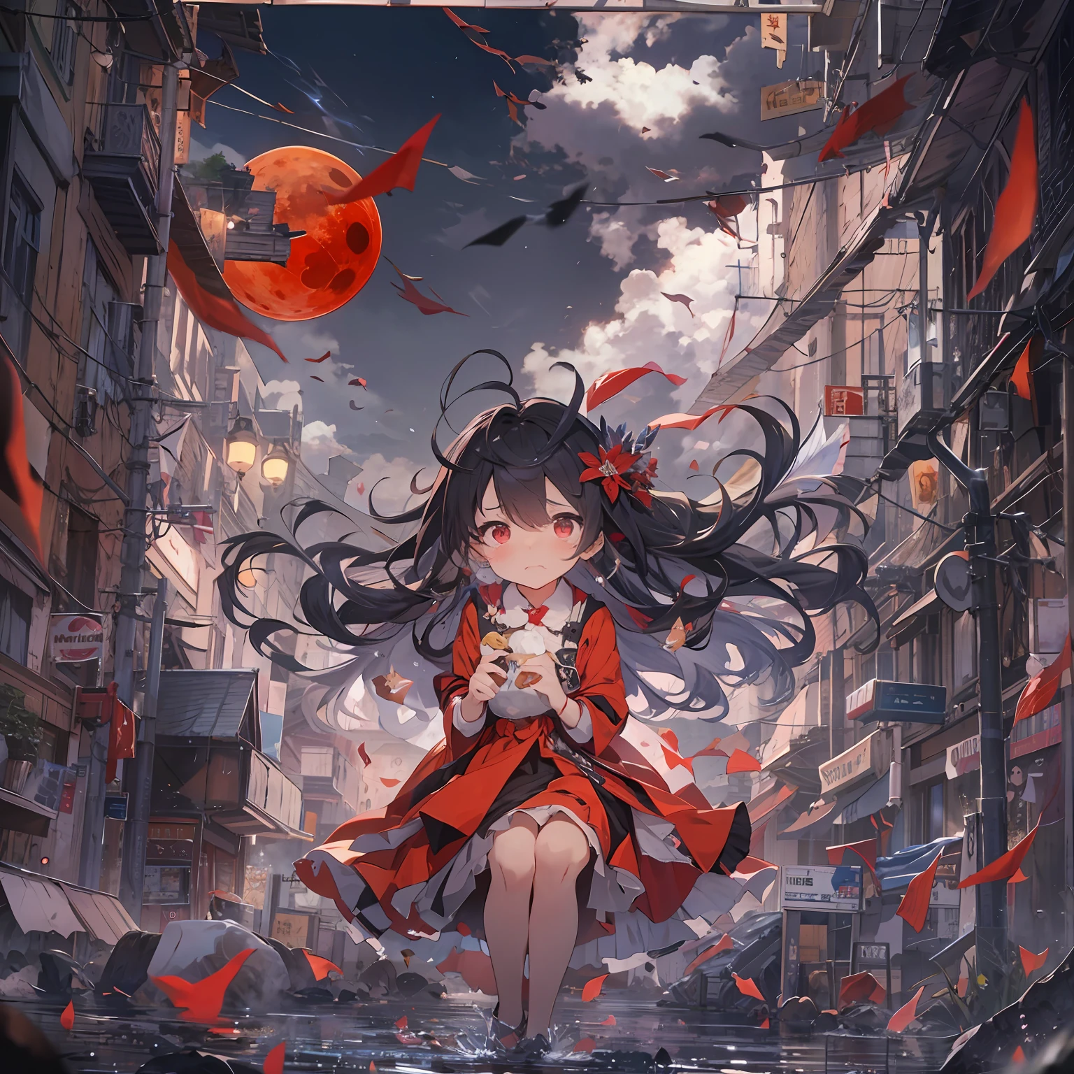 Outrageous resolution、hight resolution、(​masterpiece:1.4)、ultra-detailliert、1girl in、Red Moon、A frustrated look on his face、Crying、Tears run down my cheeks、irate、A look of indignation、Face up、Big red moon on background、Install a magic barrier、barrier、Wall of the heart、Build a wall、Floating hair、spaces、Black Dress、floating、 --v 6