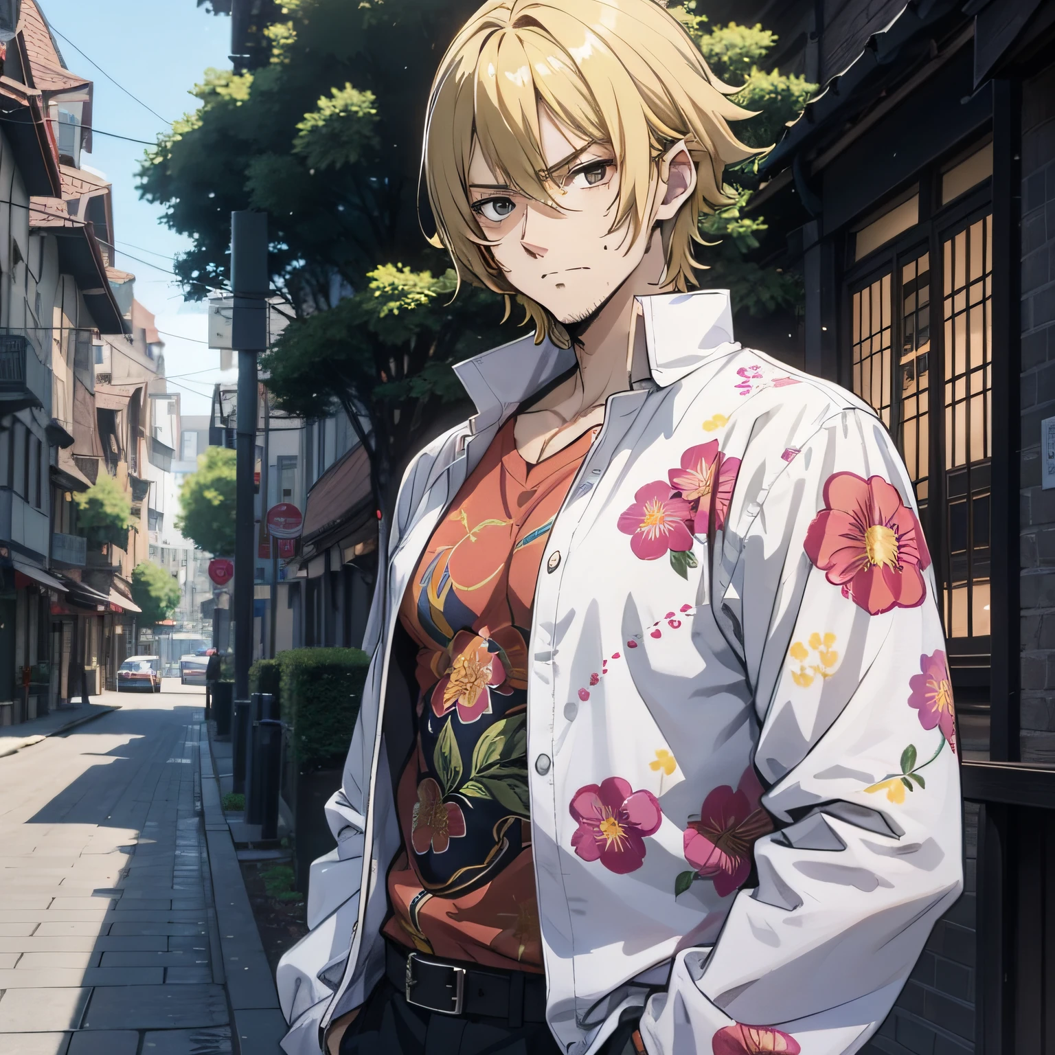 One wears a floral shirt，A 30-year-old villain man with short yellow hair stands under a tree at the entrance of the village，（Sweat 1.5）（Tired expression 1.5）style of anime4 K，Anime rendering，style of anime。8K（Cinematic lighting 1.5）（Upper body display 1.3）（Middle-aged man 1.5）（Villain Villain Character 1.5）