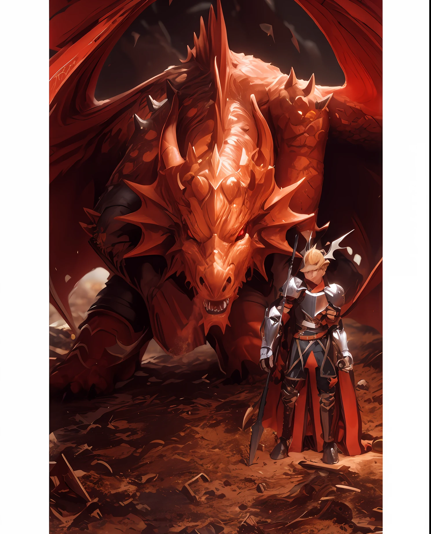 There is a red dragon with a knight on the side, Dragon Knight, draconic looking armor, the devil in hell as a dragon, Dragon armor, Hiper-realista D & d fantasy art, dragon in the background, fantasy inspired dragon armor, demonic dragon inspired armor, dragon in dragon lair, Drachenlord, dragon inspired armor, charging through a dragons lair,), cinemactic, hiper-detalhado, detalhes insanos, Lindamente colorido, Motor irreal, DOF, Super-Resolution, Megapixel, cinematographic lightning, antialiasing, FKAA, TXAA, RTX, SSAO, Post processing, post - production, Mapeamento de Tons, ...cgi, VFX, SFX, Insanamente detalhado e intrincado, Hiper maximalista, hyper realistic, volumetric, fotorrealista, ultra fotorreal | |, ultra-detalhado, detalhes intrincados, 8k, super detalhado, Colouring, Volumetric lightning, HDR, Realistic, Motor irreal, 16k, foco nítido, octan render ,Retrato de Arnold Schwarzenegger shaka , detalhes intrincados, perfect features, Dramatic, Cinematic lighting, Highlight lighting, SSAA, smooth rendering, no noise --testp --ar 2:3 --video --no lazy prompts --v testp