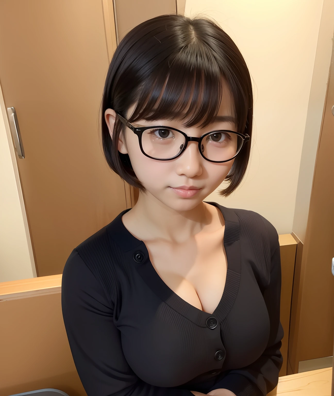 Puffy eyes、Delicate figure、thin clavicle、top-quality、超A high resolution、eye glasses、a short bob、Matching bangs、a 、elementariece、top-quality、Sheer areola、Rocket-shaped big、Wearing glasses、Sheer areola、large areola、teats、japanese hight school uniform、