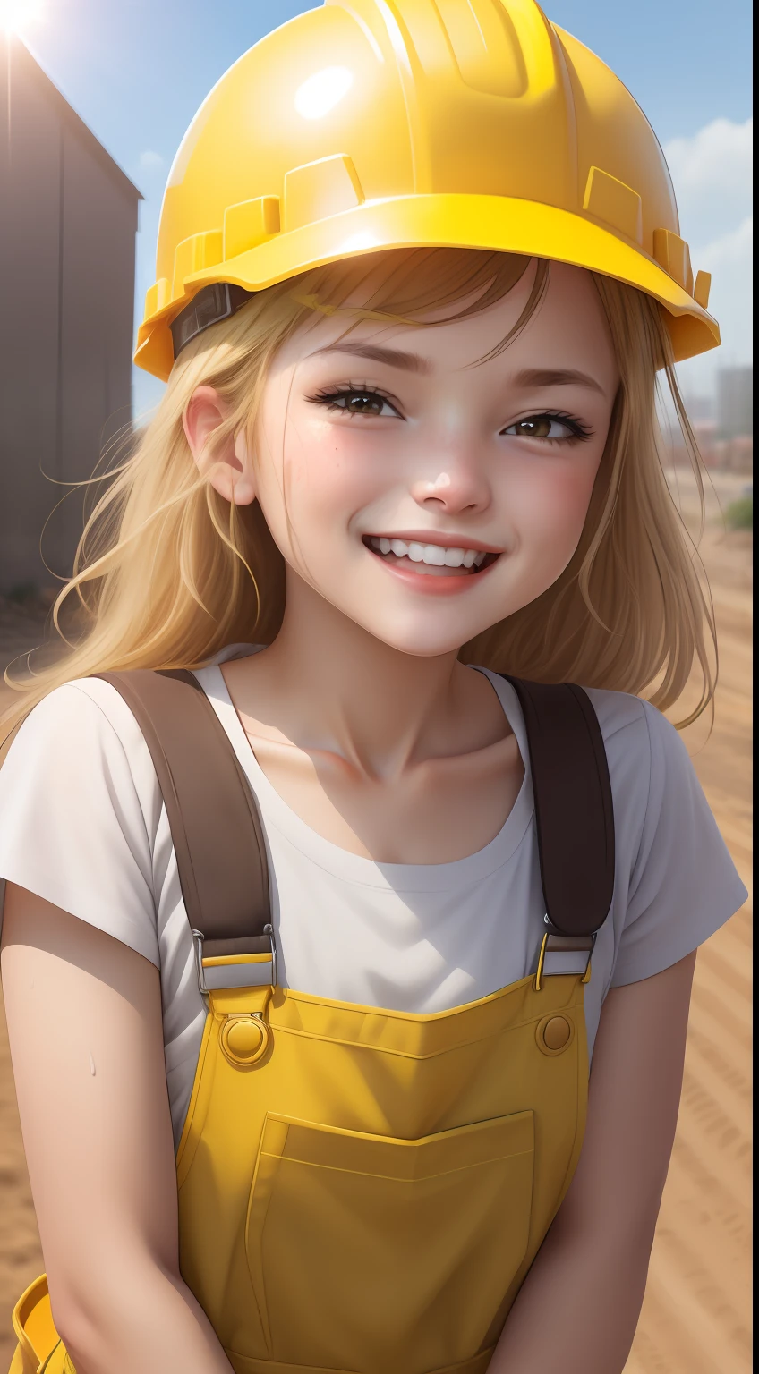 ((Laugh happily)), bit girl,Take a brick,Nature,Wearing yellow overalls, Wear a yellow hard hat, Wear yellow work boots,Sunflowers behind you, Work on construction sites, Sunlight shines on the face, Sweat on the face, wearing DRK_glam, No_Humanity, Depth of field, TO8 contrasting style shadows, (Dark: 0.8), (8K, RAW photo, Best quality, Masterpiece: 1.2)