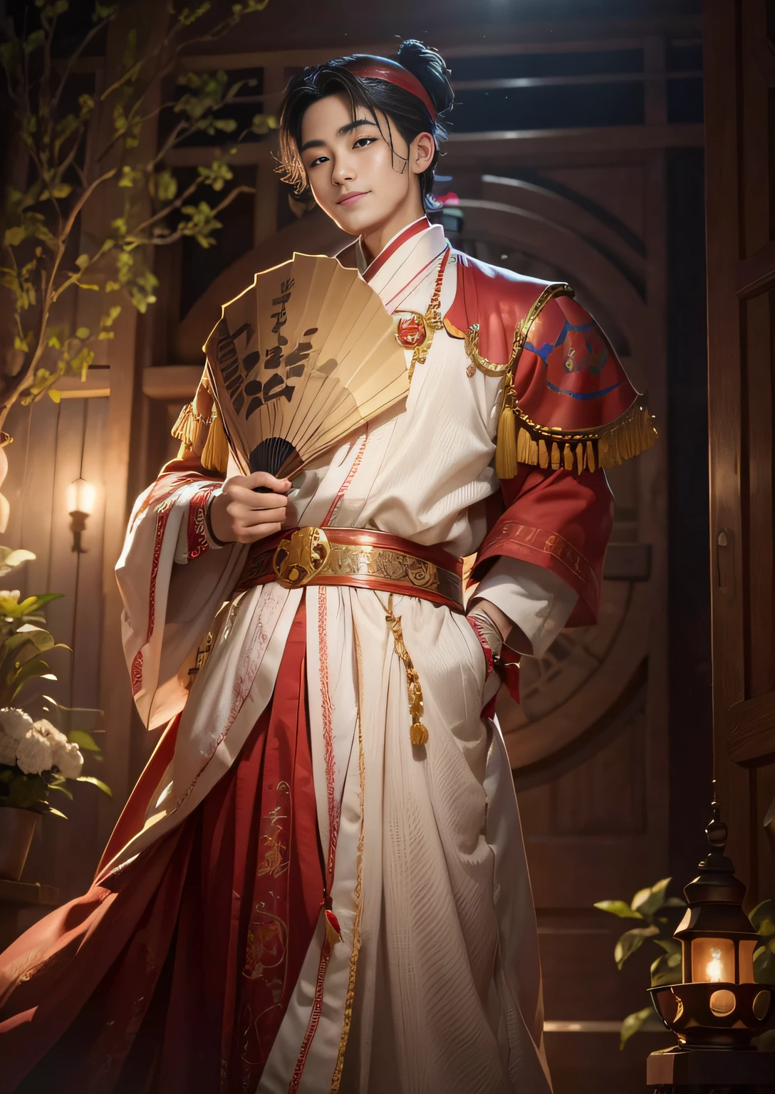 Masterpiece, hd, (8k, RAW photo:1.2), boy, ultra realistic, korean face, smile, classic korean clothes, right hand holding fan, big eyes