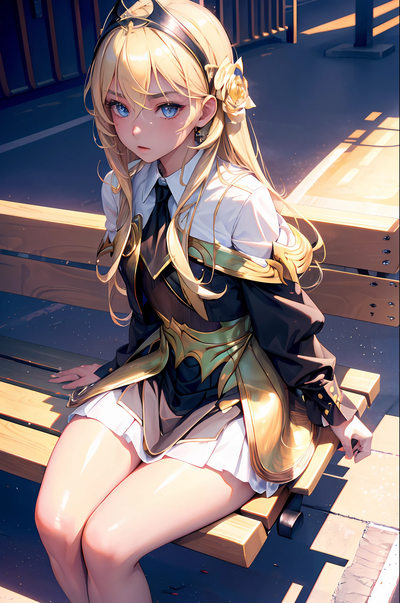 1girl, blonde hair, school uniform, sitting on a bench, waiting for the bus, bus station, city background, perfect eyes, perfect hands, ultra high res, cinematic angle, professional lighting, best quality, masterpiece, sidelighting, sharp, perfect focus, bokeh, photorealistic, (finely detailed beautiful eyes: 1.3), realistic, (3d face:1.1), (lustrous skin:1.5), (ultra high res intricate face details), (face skin pores:1.3), ultra high res cloth texture, 8k eye details, 8k pupils,