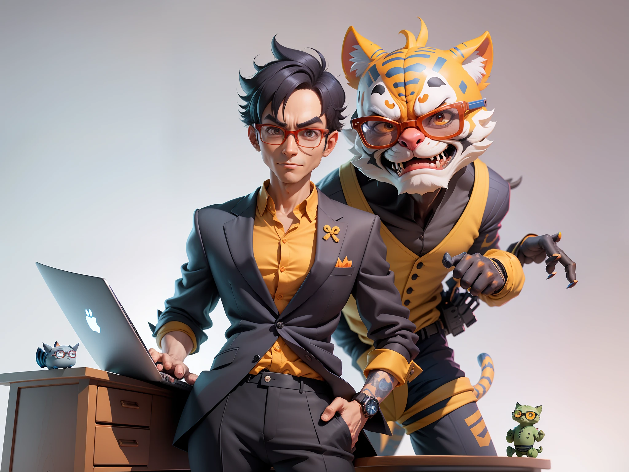 A young man in a suit and pants, Short hair and glasses sat at his desk,holding laptop,digitial painting,tigre,3D character design by Mark Clairen and Pixar and Hayao Miyazaki and Akira Toriyama,4K HD illustration,Very detailed facial features and cartoon-style visuals。