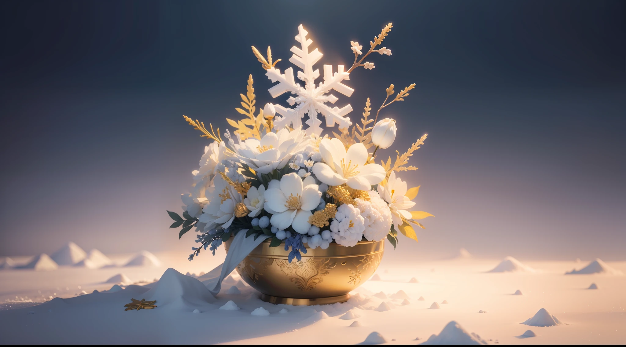 Snowflake、golden colored、white colors、Blue、Yu-hsien、solemnity、Fantastical、Fantastic、Ethereal、Photorealism Based Details Widget 1.3, Ultra-detailed depiction、Cinematic shots with HDR effect、Vignette and center screen、Generate in automatic mode